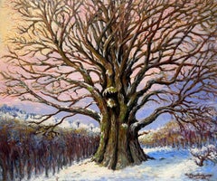 Large French Post Impressionist Oil Painting Ancient Tree Winter Snow Landscape
