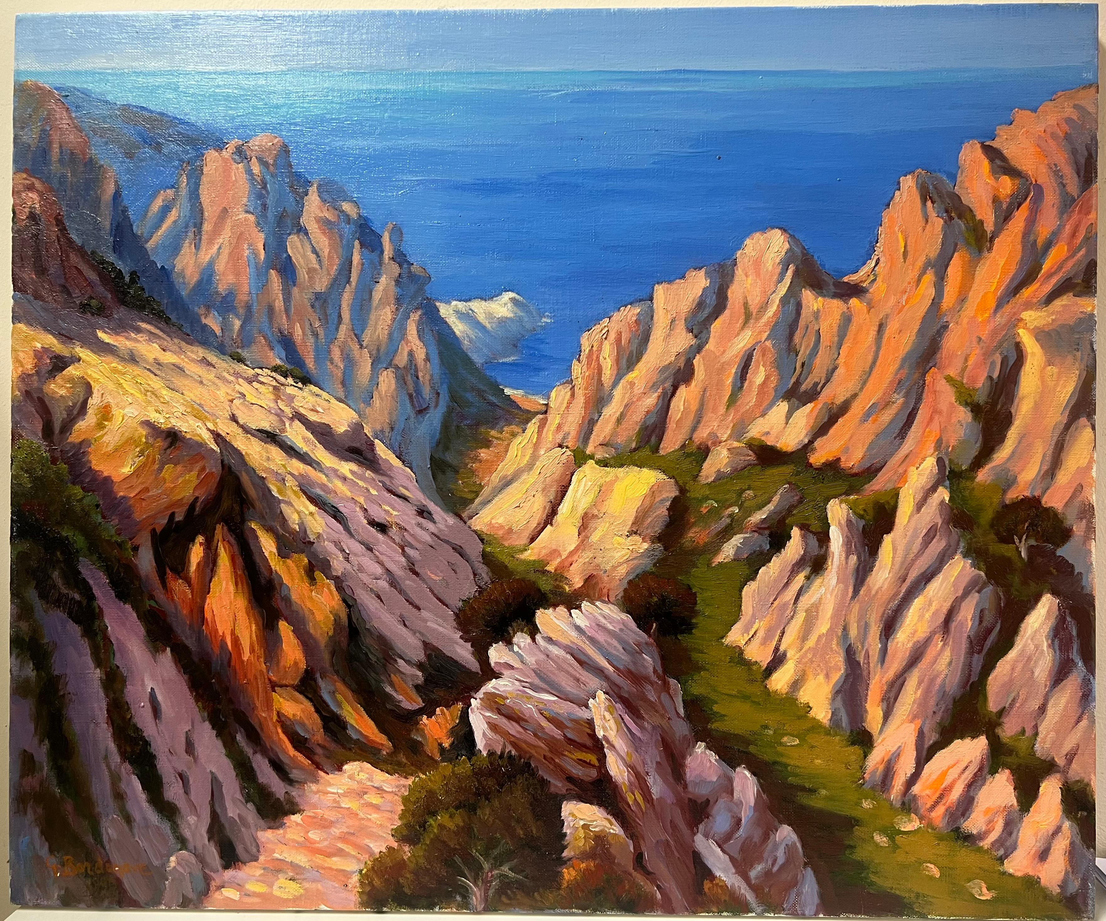 Gran cuadro al óleo francés postimpresionista Dramático paisaje marino de costa rocosa - Painting de Georges Bordonove
