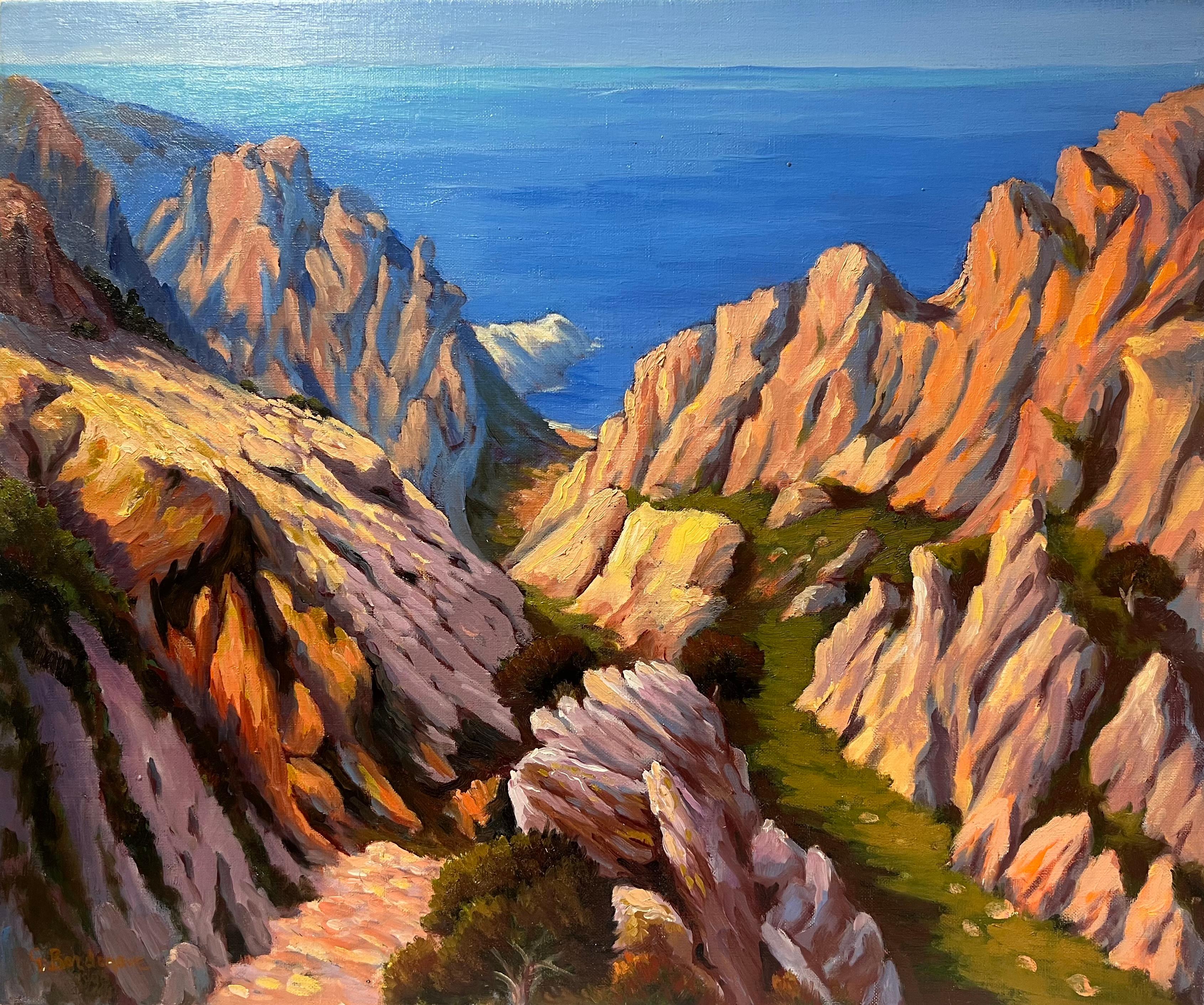 Großes französisches postimpressionistisches Ölgemälde, Dramatische Felsenküste, Meereslandschaft, Groß