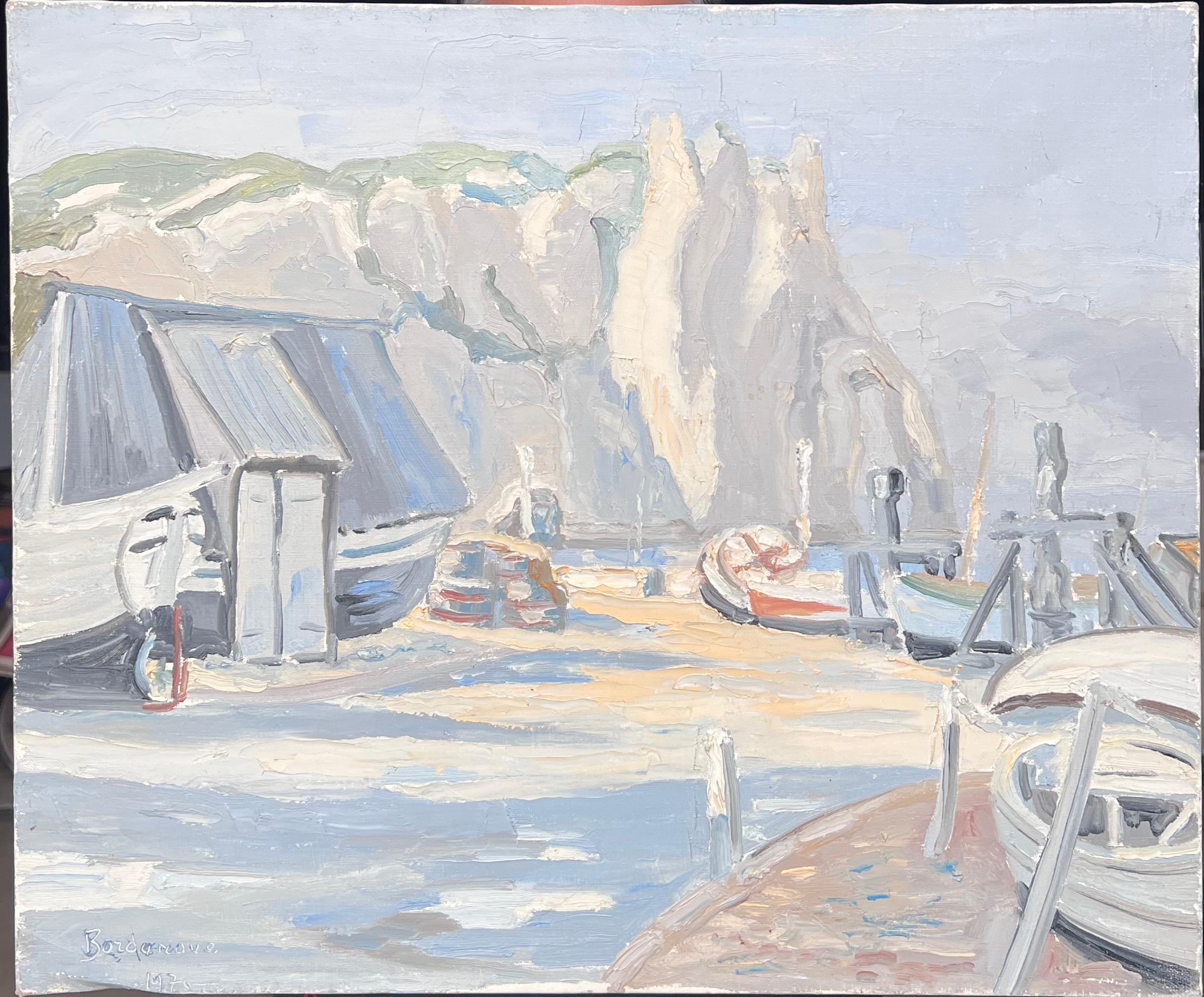 Misty Grey Boats Resting at the Still Harbour French Impressionist Oil Painting - Gray Landscape Painting by Georges Bordonove
