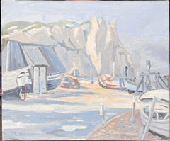 Misty Grey Boats Resting at the Still Harbour French Impressionist Oil Painting