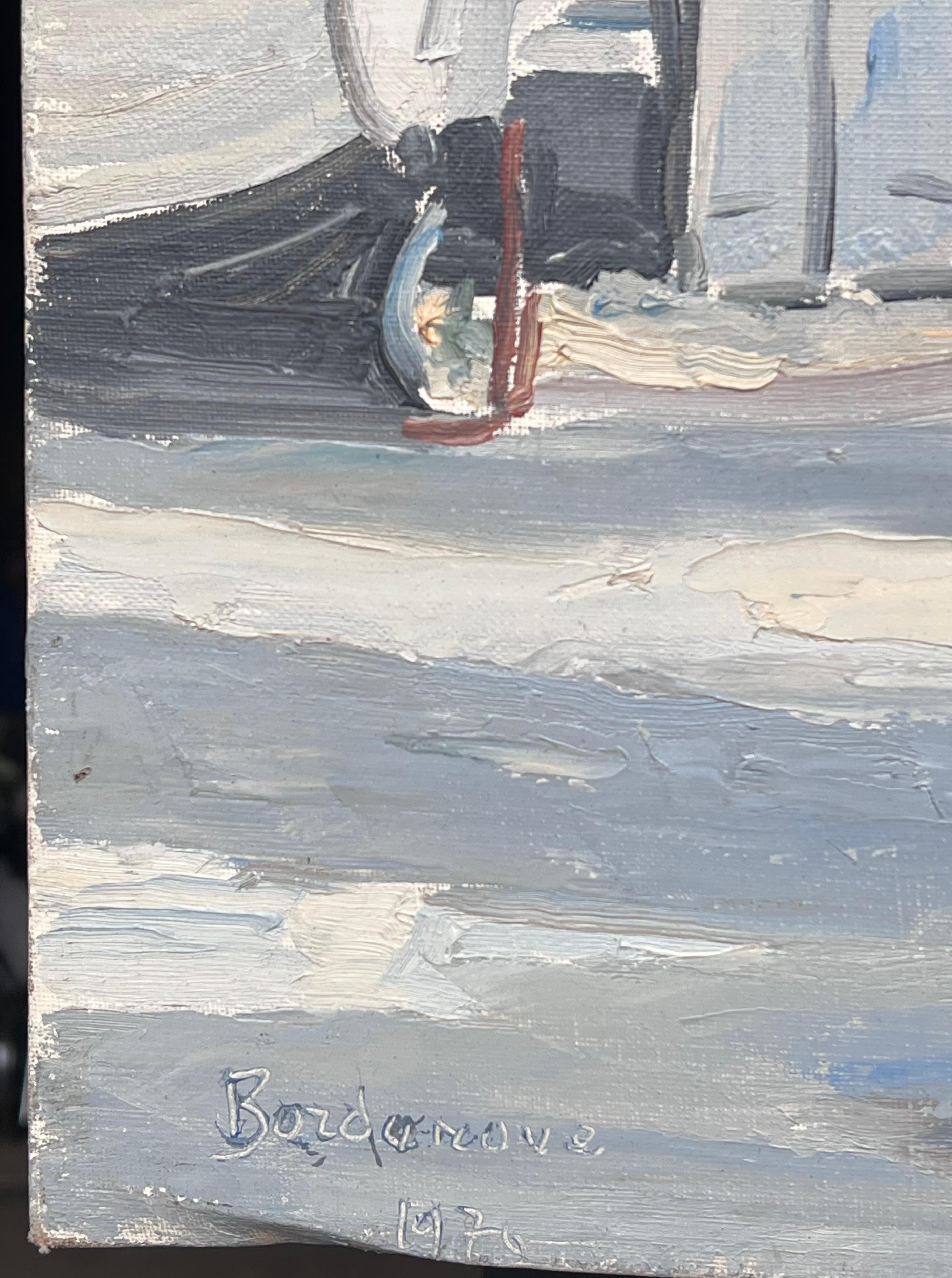Misty Grey Boats Resting at the Still Harbour French Impressionist Oil Painting For Sale 1