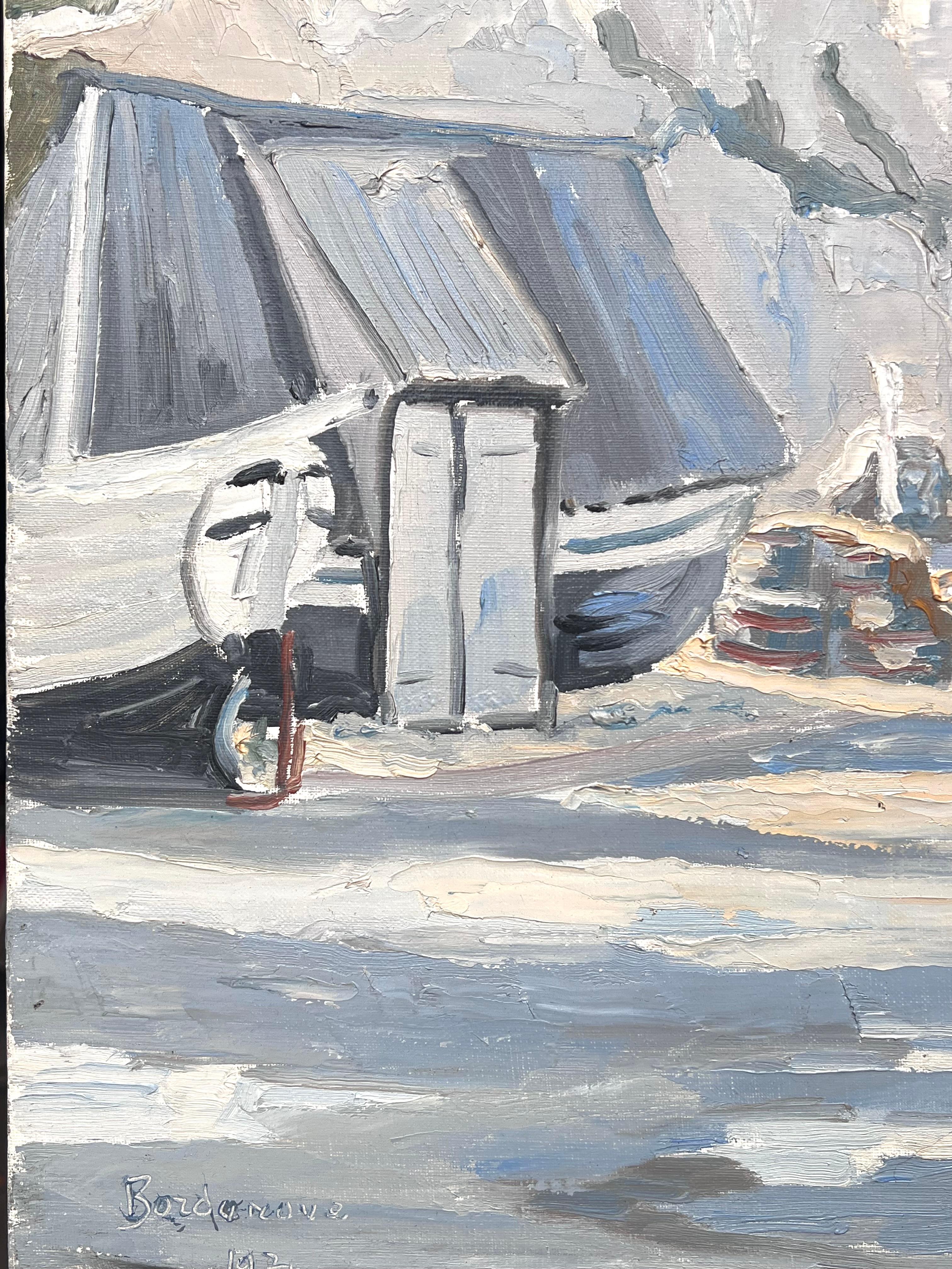 Misty Grey Boats Resting at the Still Harbour French Impressionist Oil Painting For Sale 2
