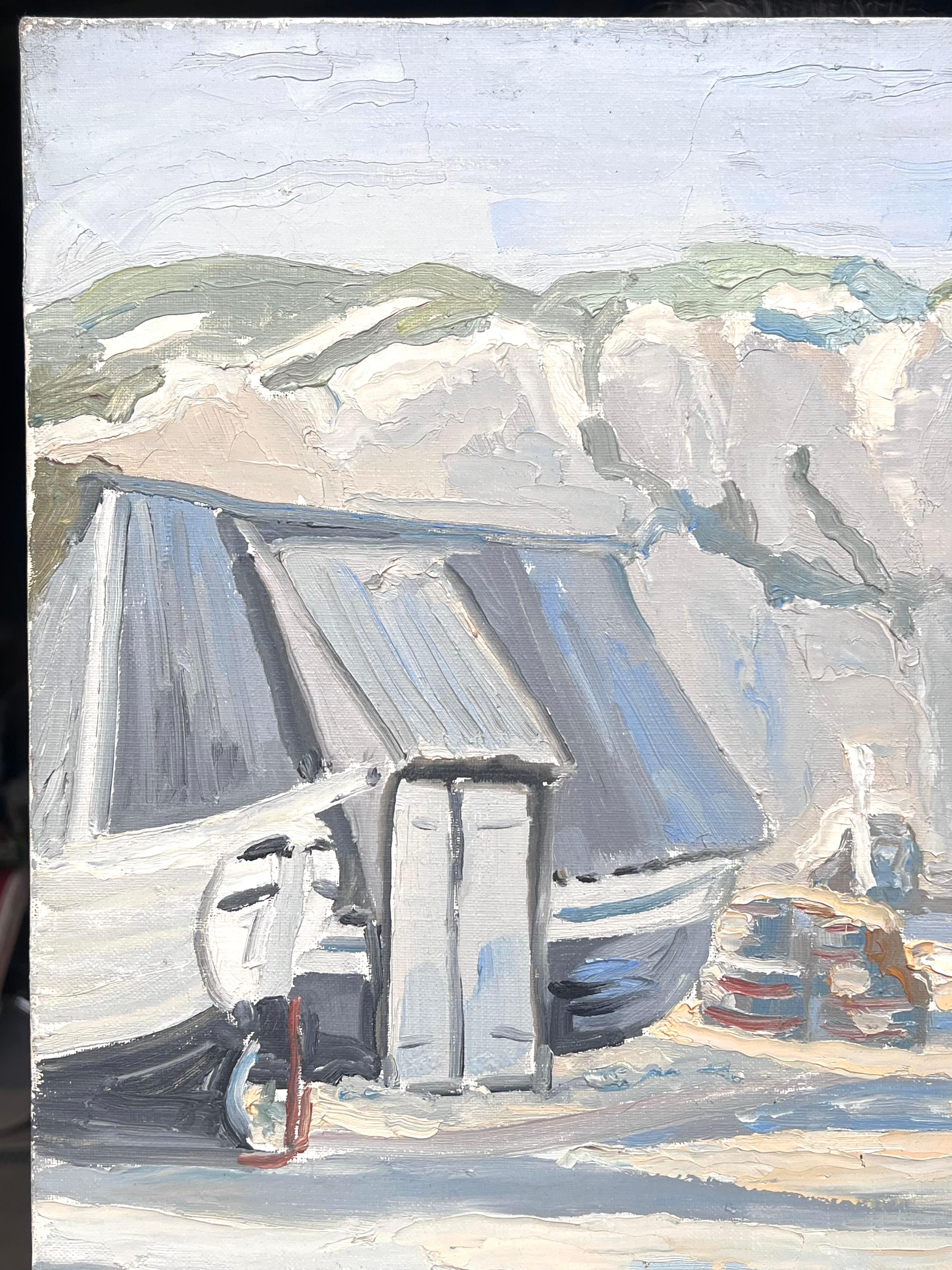 Misty Grey Boats Resting at the Still Harbour French Impressionist Oil Painting For Sale 3