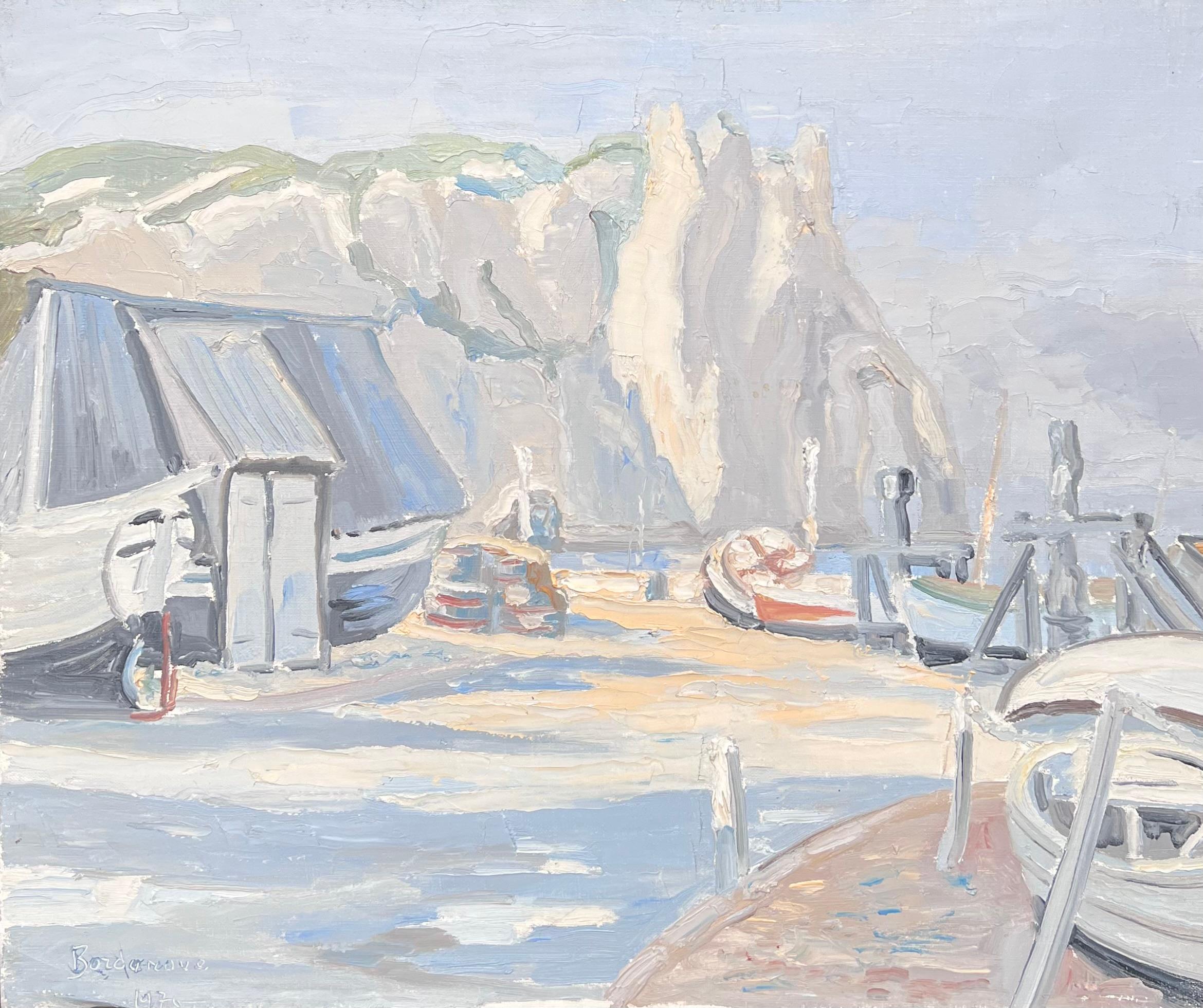 Georges Bordonove Landscape Painting - Misty Grey Boats Resting at the Still Harbour French Impressionist Oil Painting