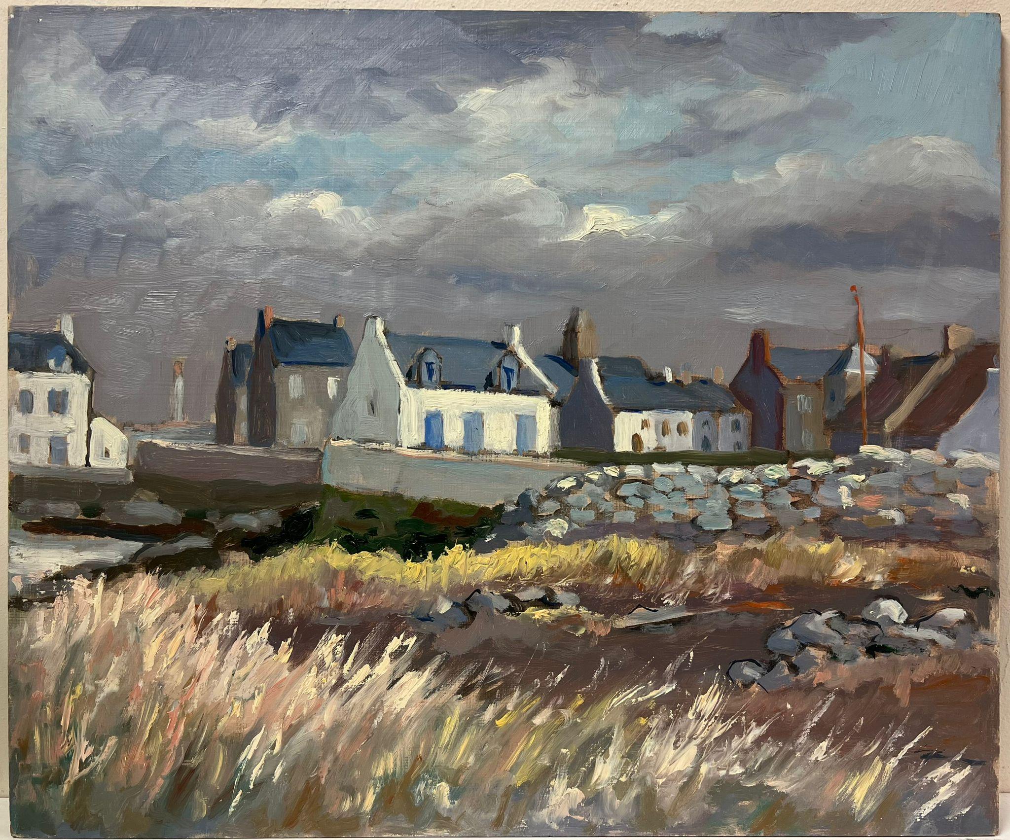 Moody Seaside Village French Landscape with Stormy Sky and Windswept Grasses - Painting by Georges Bordonove