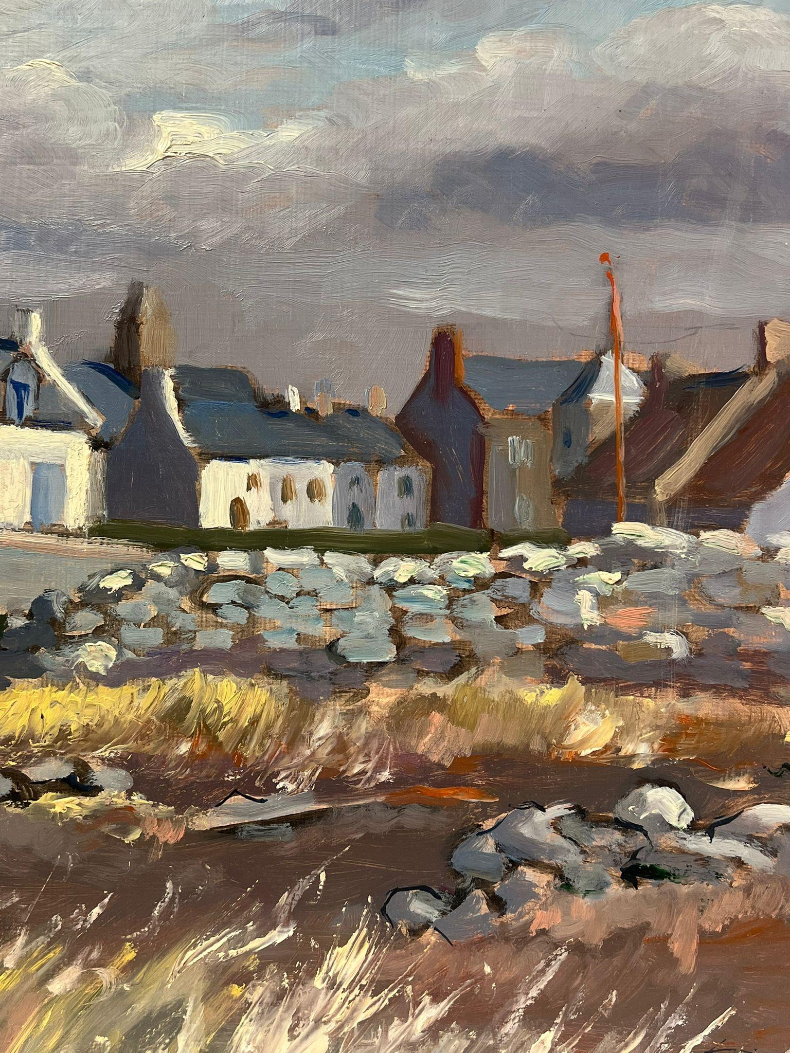 Moody Seaside Village French Landscape with Stormy Sky and Windswept Grasses - Impressionist Painting by Georges Bordonove