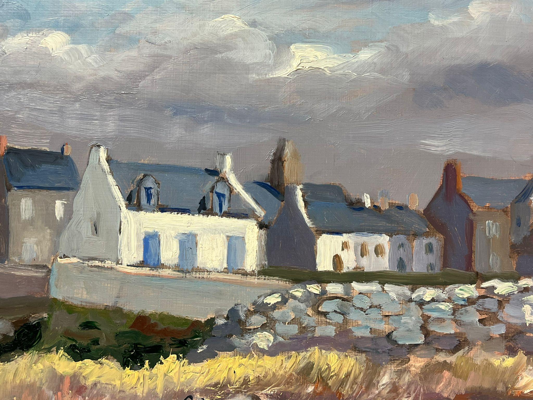 Moody Seaside Village French Landscape with Stormy Sky and Windswept Grasses - Gray Landscape Painting by Georges Bordonove