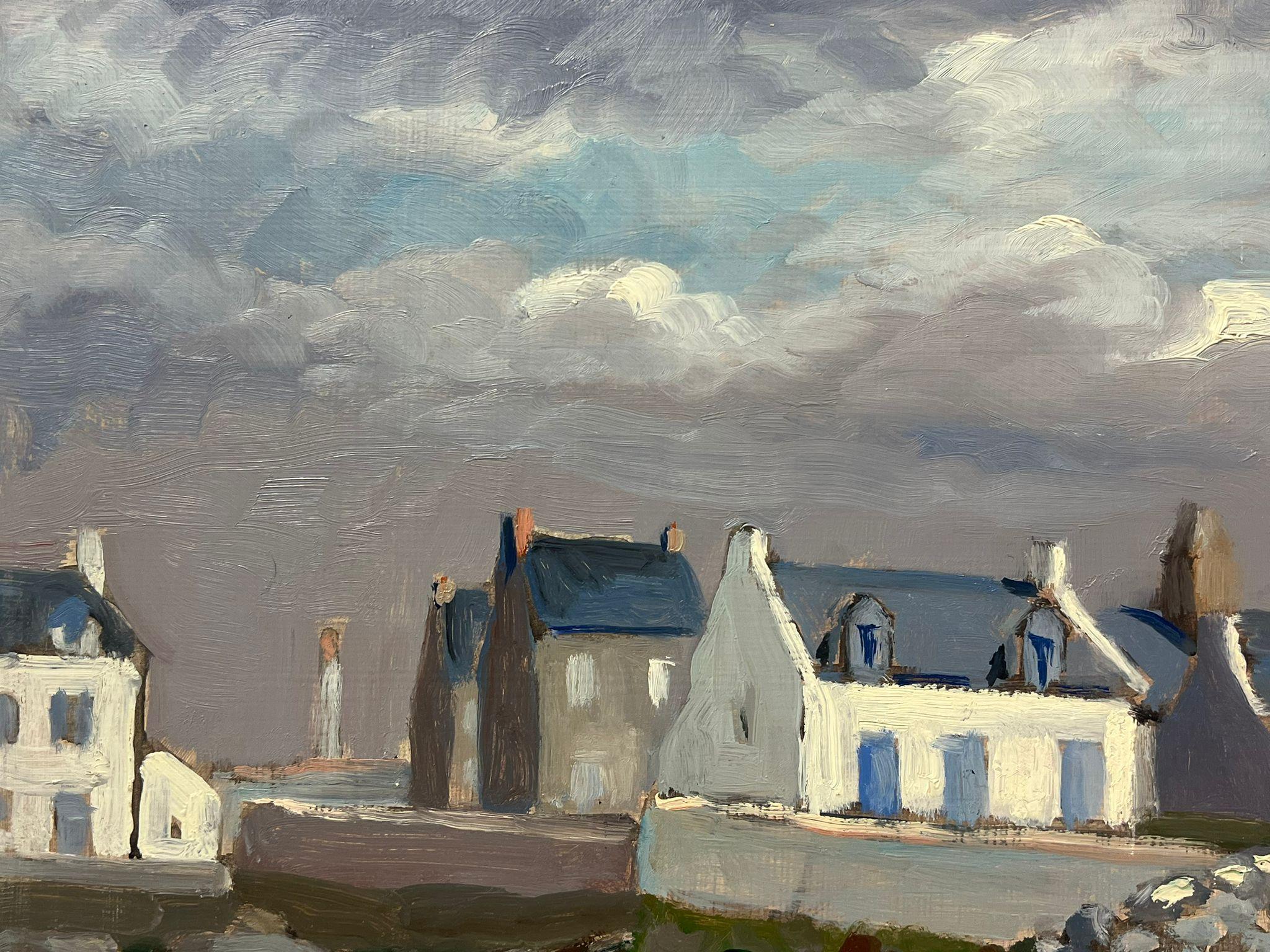 Moody Seaside Village French Landscape with Stormy Sky and Windswept Grasses For Sale 1