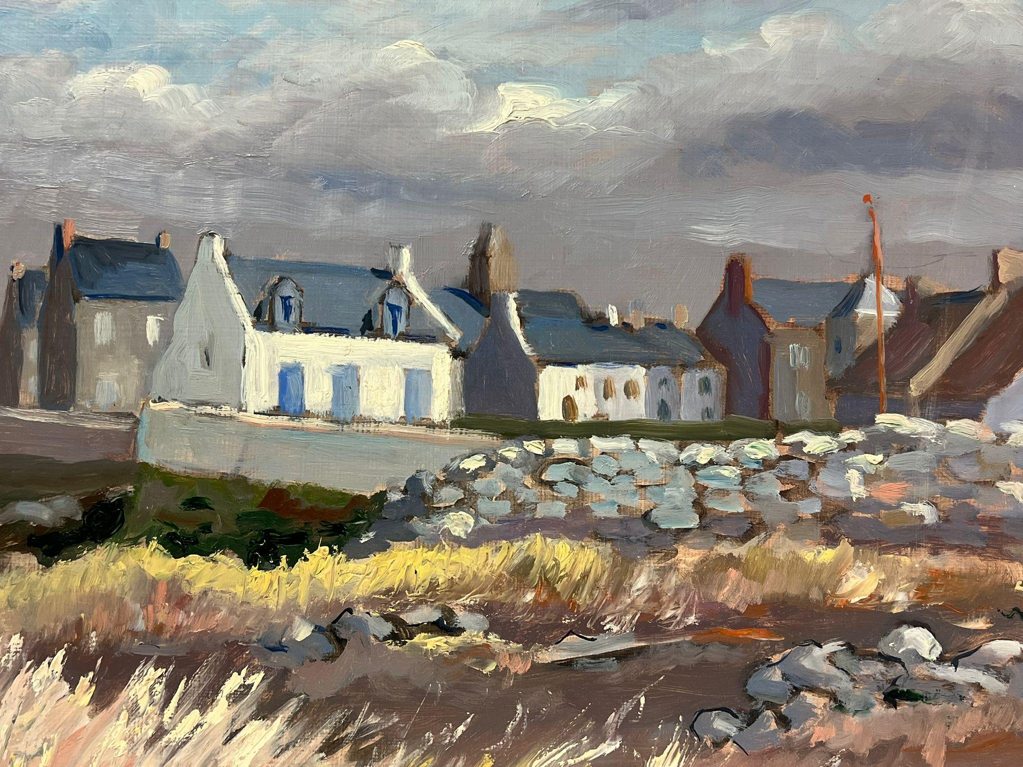 Moody Seaside Village French Landscape with Stormy Sky and Windswept Grasses For Sale 2