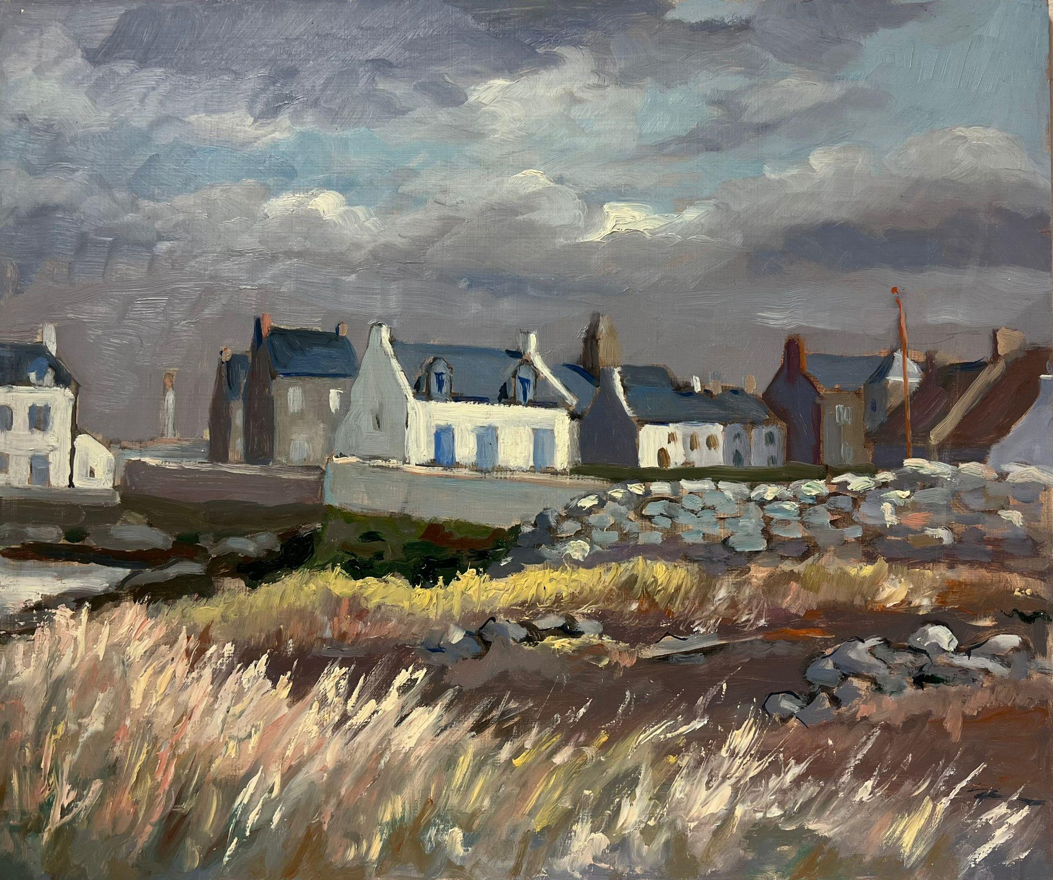 Georges Bordonove Landscape Painting - Moody Seaside Village French Landscape with Stormy Sky and Windswept Grasses