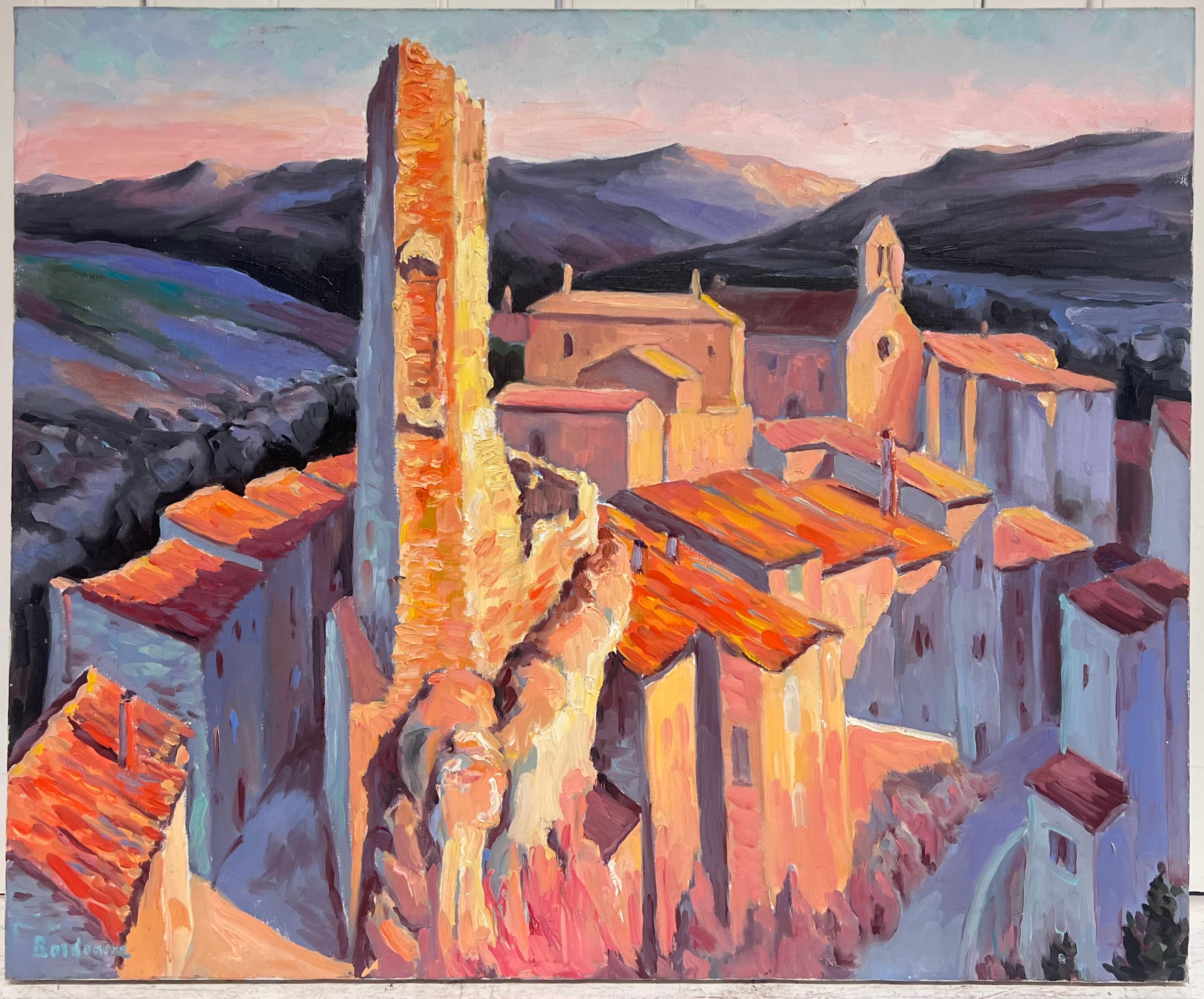 Tejados naranjas iluminados por el sol en un pueblo de montaña Pintura al óleo impresionista francesa - Painting de Georges Bordonove