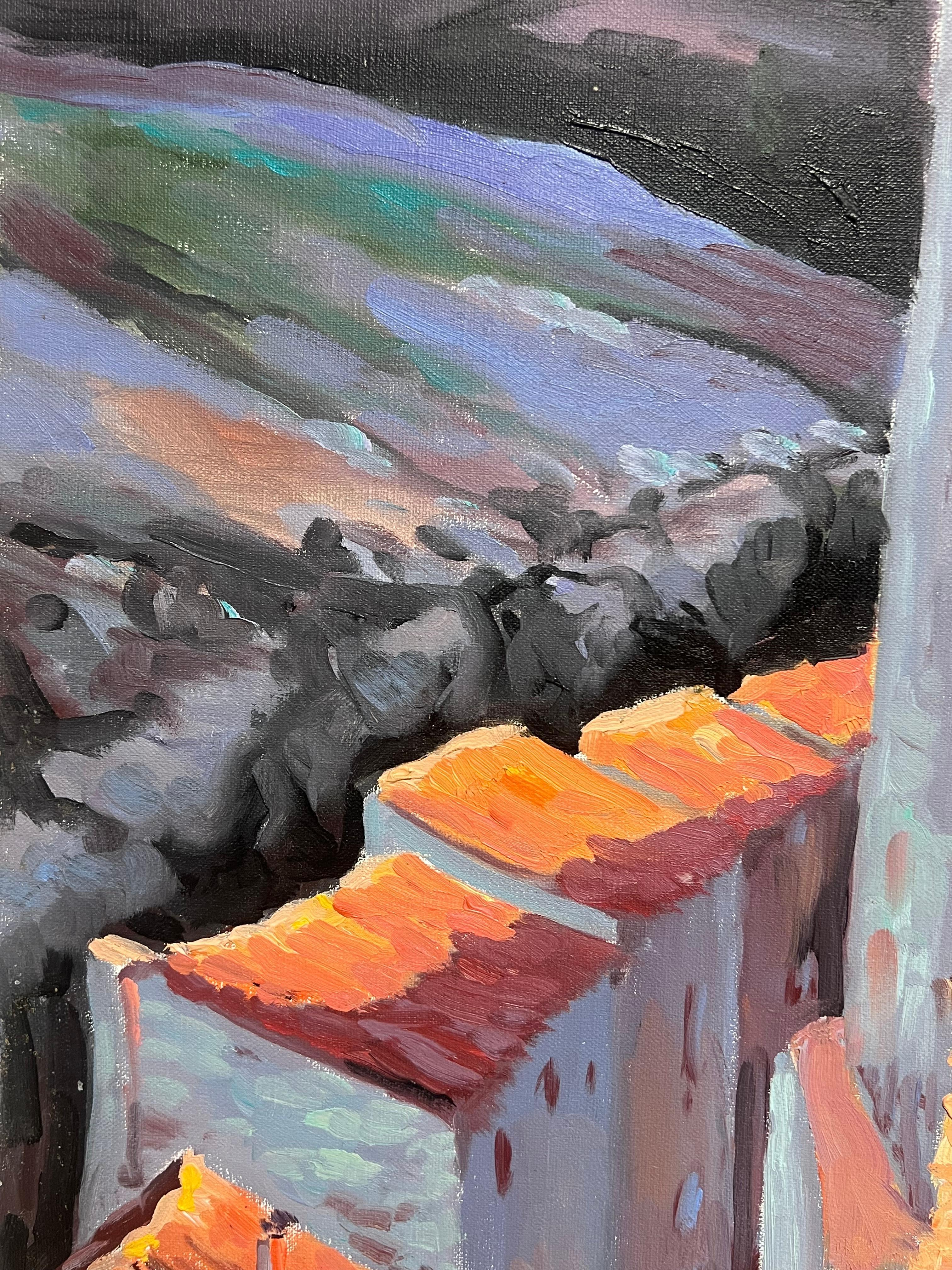Tejados naranjas iluminados por el sol en un pueblo de montaña Pintura al óleo impresionista francesa - Painting Impresionista de Georges Bordonove