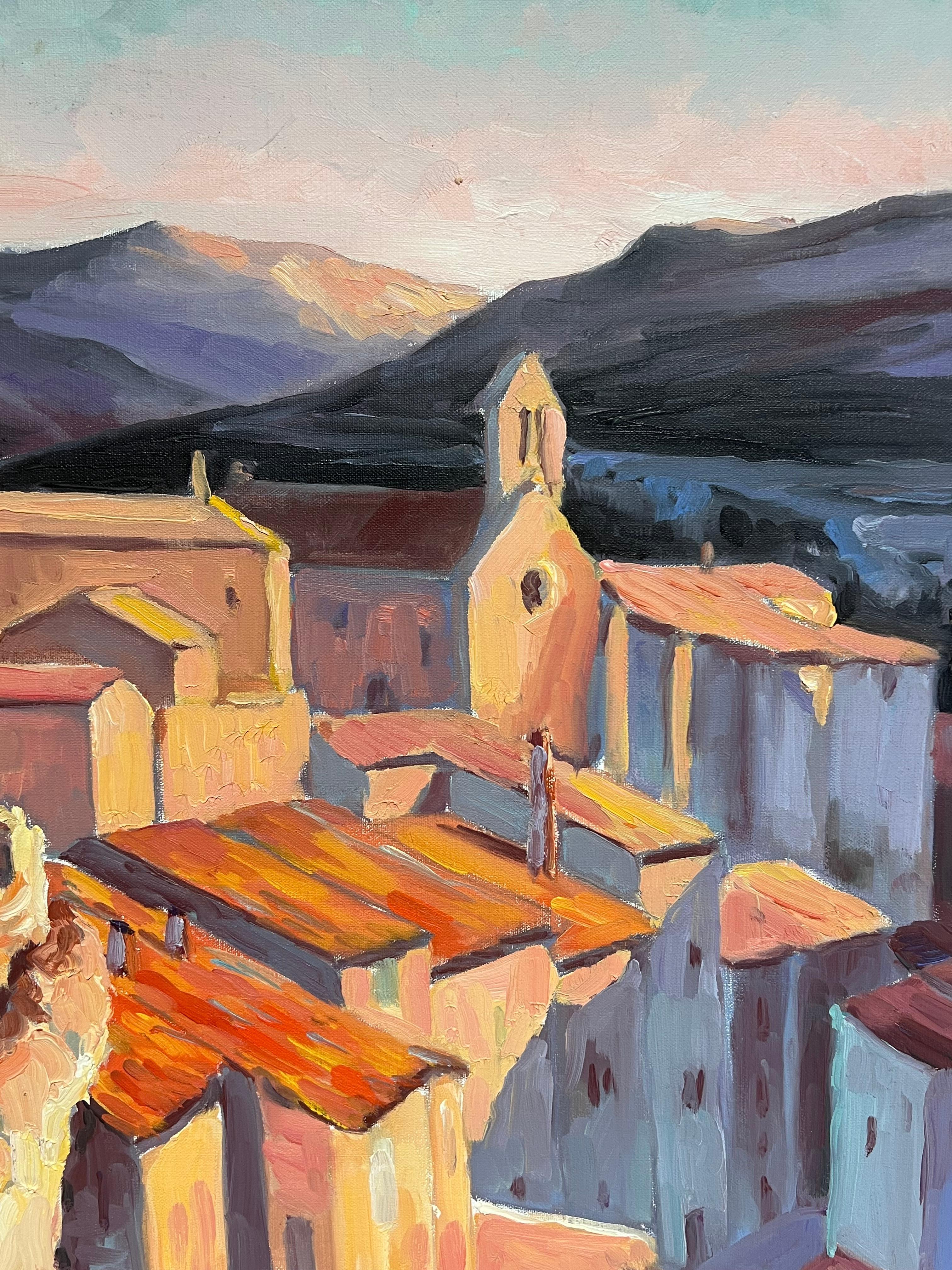 Tejados naranjas iluminados por el sol en un pueblo de montaña Pintura al óleo impresionista francesa en venta 1