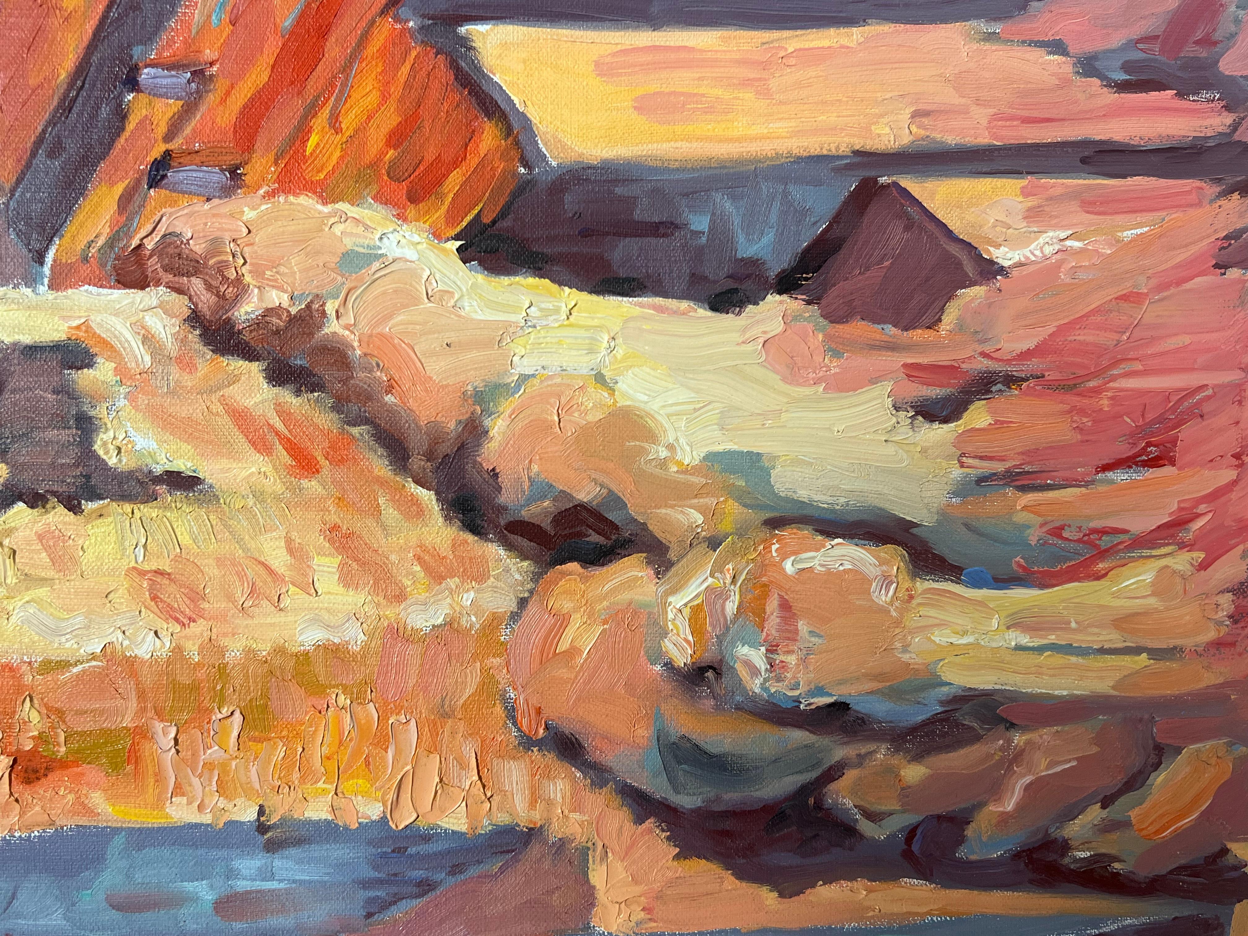 Tejados naranjas iluminados por el sol en un pueblo de montaña Pintura al óleo impresionista francesa en venta 2
