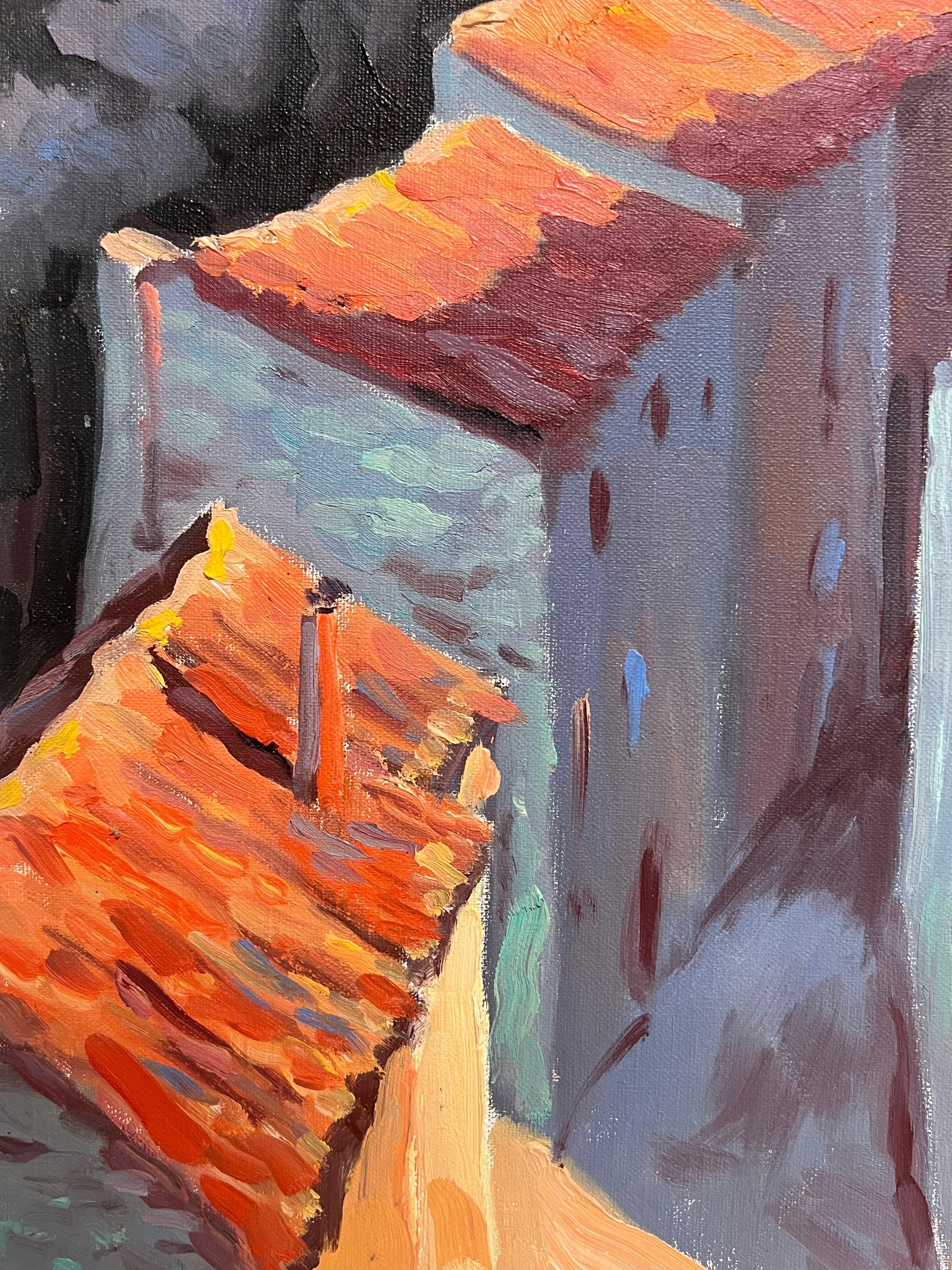 Tejados naranjas iluminados por el sol en un pueblo de montaña Pintura al óleo impresionista francesa en venta 4