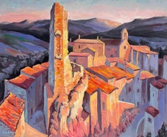 Tetti illuminati dal sole arancione in un villaggio di montagna Pittura a olio impressionista francese