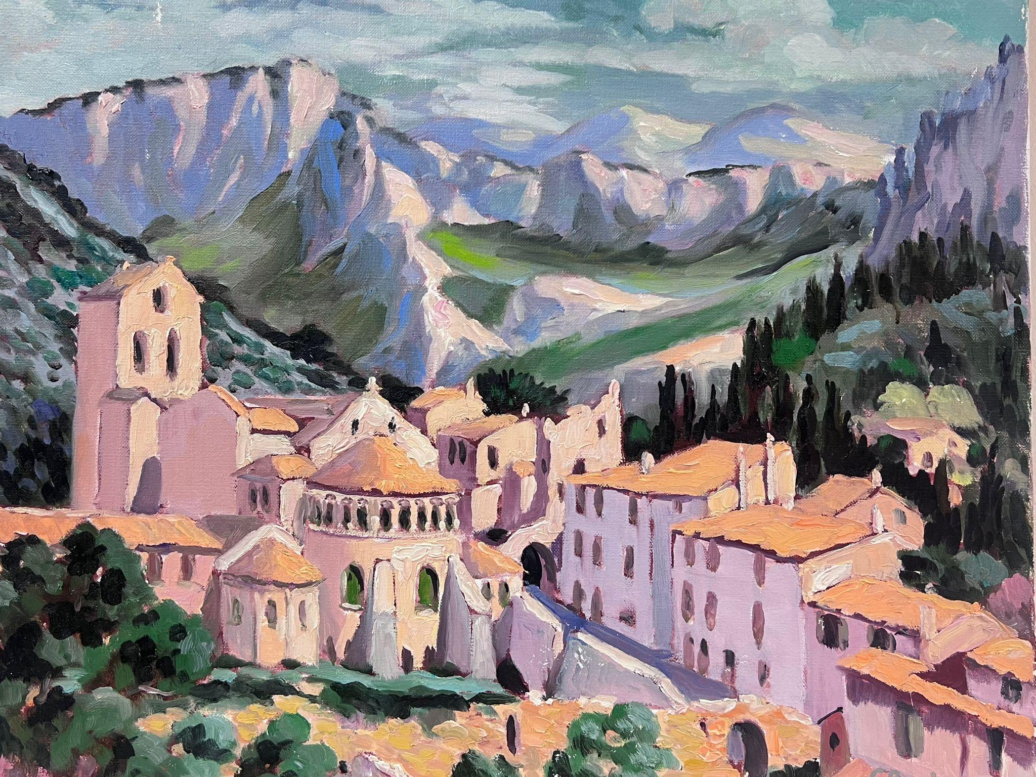 Pink French Town Hidden In The Mountains Contemporary Impressionist Oil - Painting by Georges Bordonove