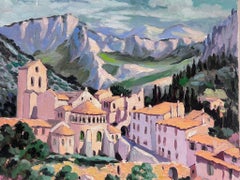 Pink French Town Hidden In The Mountains Contemporary Impressionist Oil