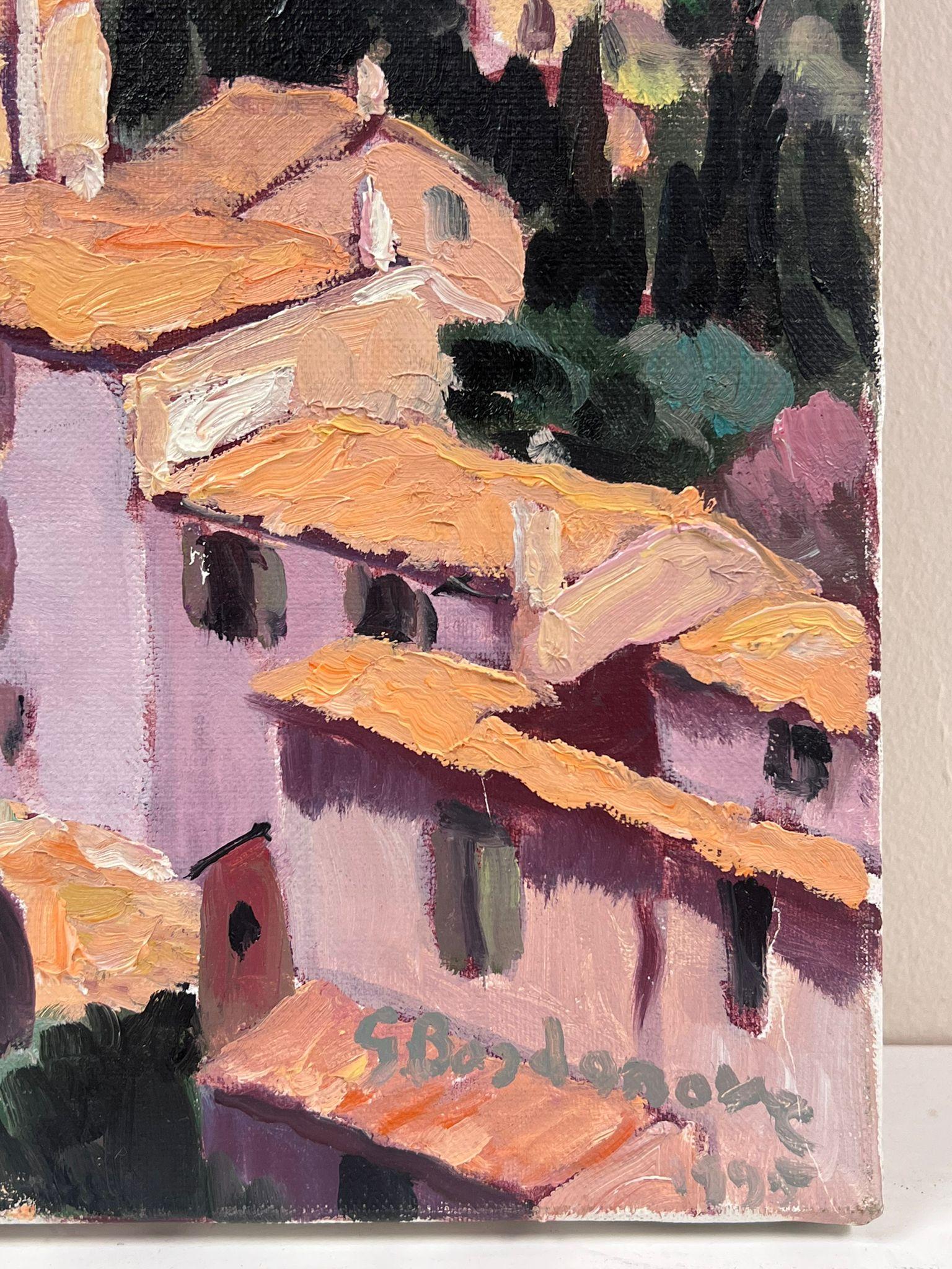 Pink French Townes Hidden In The Mountains Huile impressionniste contemporaine - Impressionnisme Painting par Georges Bordonove