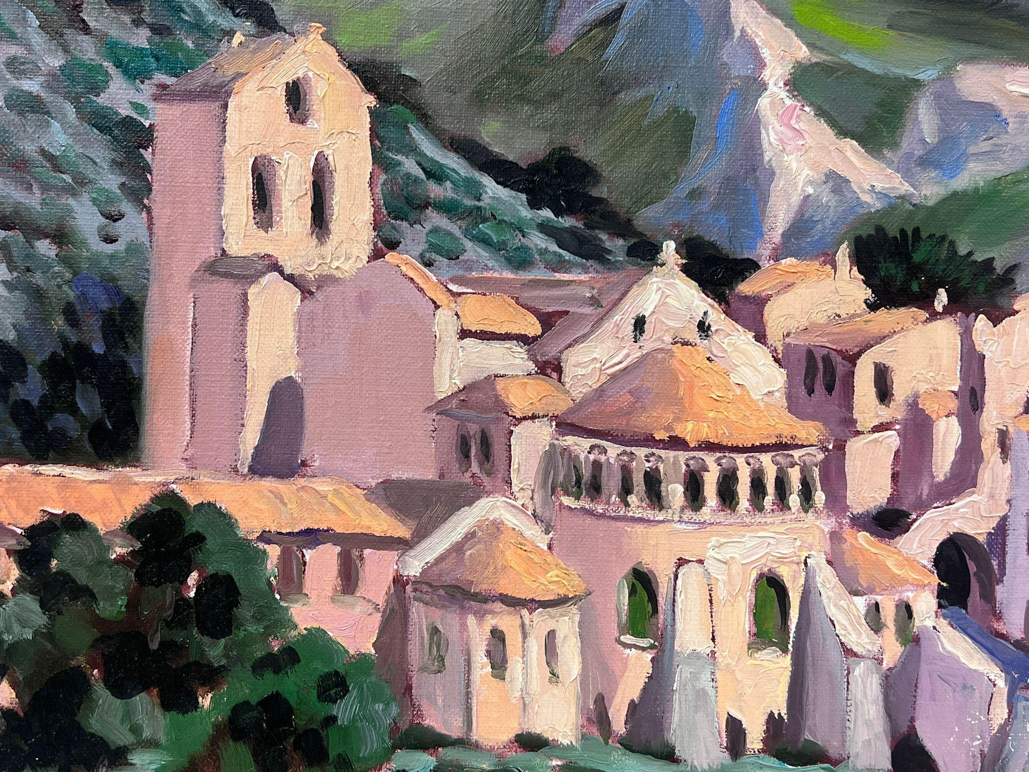 Pink French Town Hidden In The Mountains Contemporary Impressionist Oil For Sale 1