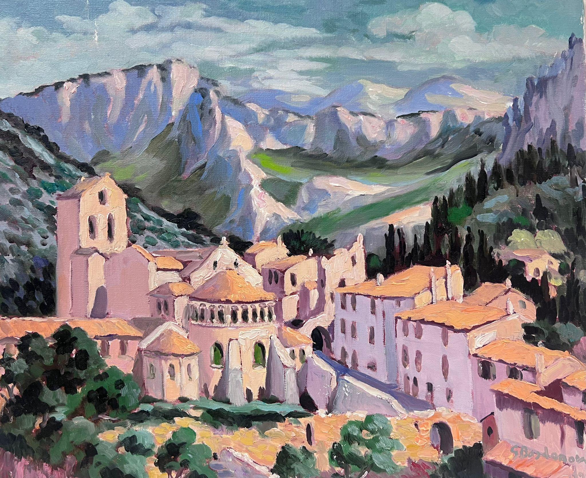 Landscape Painting Georges Bordonove - Pink French Townes Hidden In The Mountains Huile impressionniste contemporaine