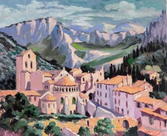 Vintage Pink French Town Hidden In The Mountains Contemporary Impressionist Oil