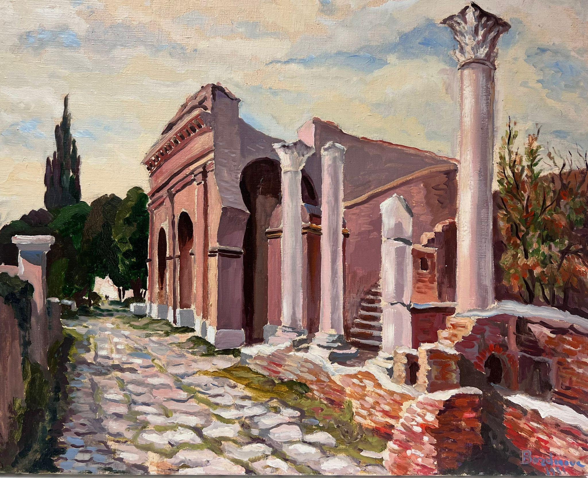 Pink Stone Pillar Building Ruins Contemporary French Impressionist Oil - Painting by Georges Bordonove