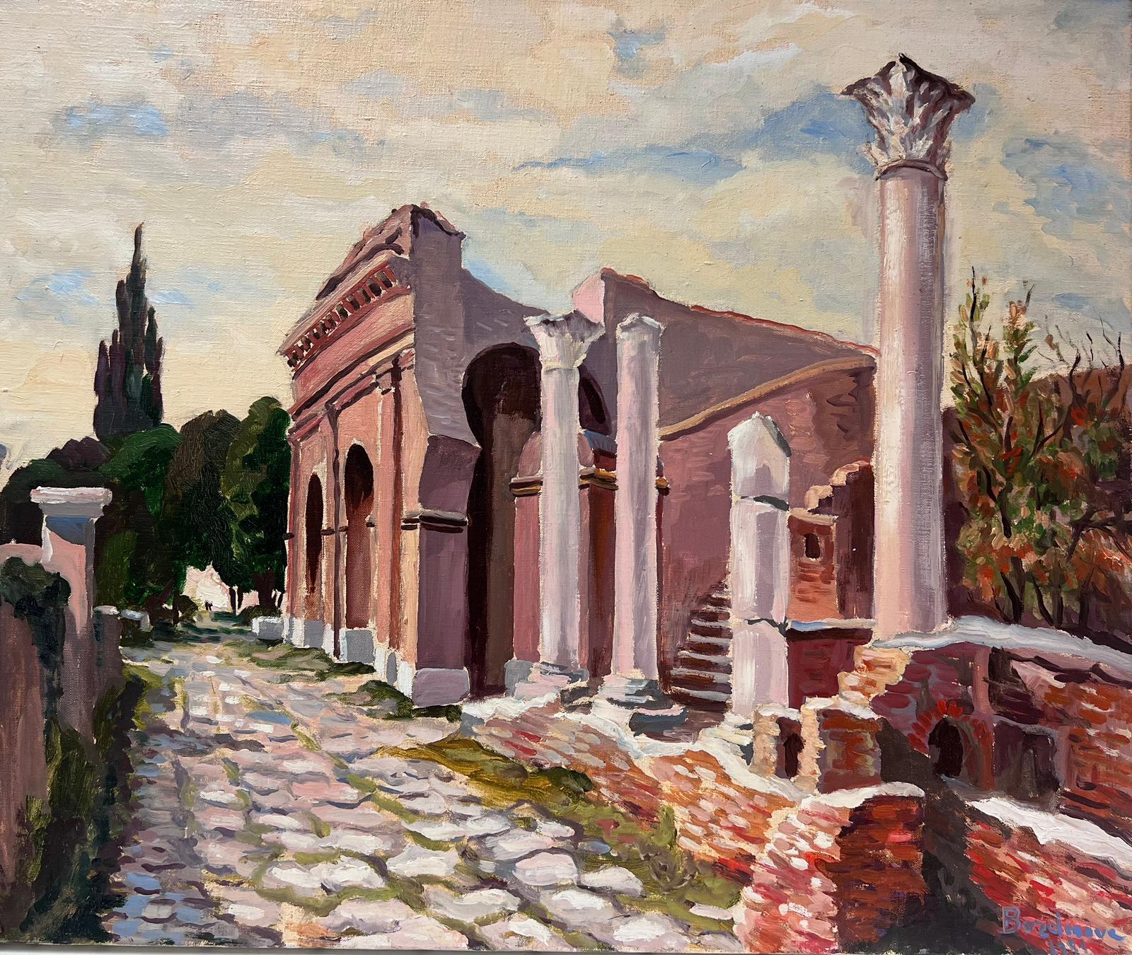 Landscape Painting Georges Bordonove - Pilier en pierre rose Bâtiment en ruine Huile impressionniste française contemporaine