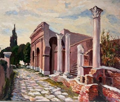 Pilier en pierre rose Bâtiment en ruine Huile impressionniste française contemporaine