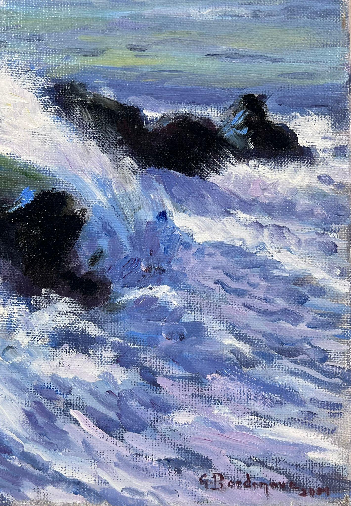 Purple Crashing Waves Against Green Rocks Contemporary French Impressionist Oil  - Painting by Georges Bordonove
