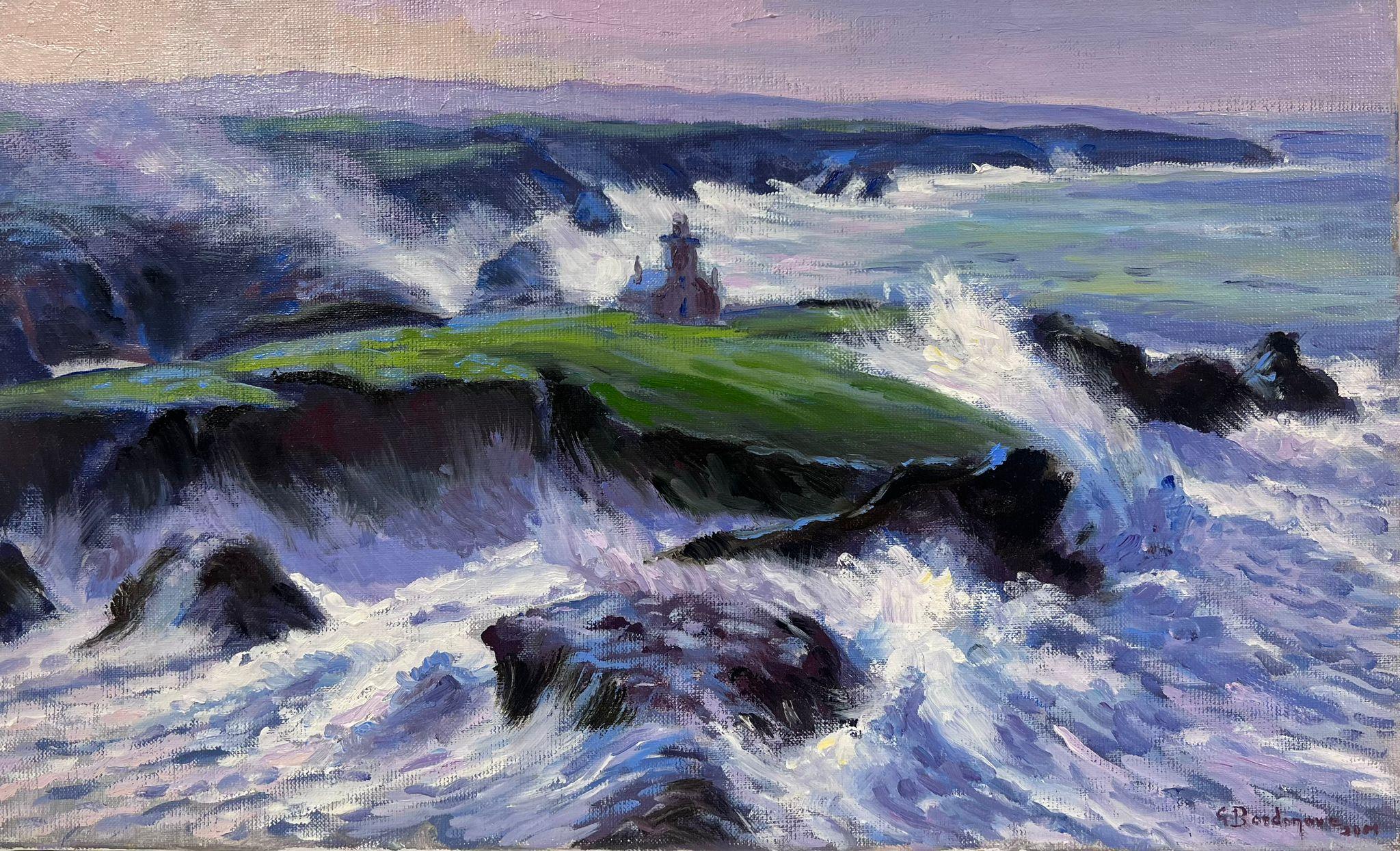 Purple Crashing Waves Against Green Rocks Contemporary French Impressionist Oil  For Sale 1