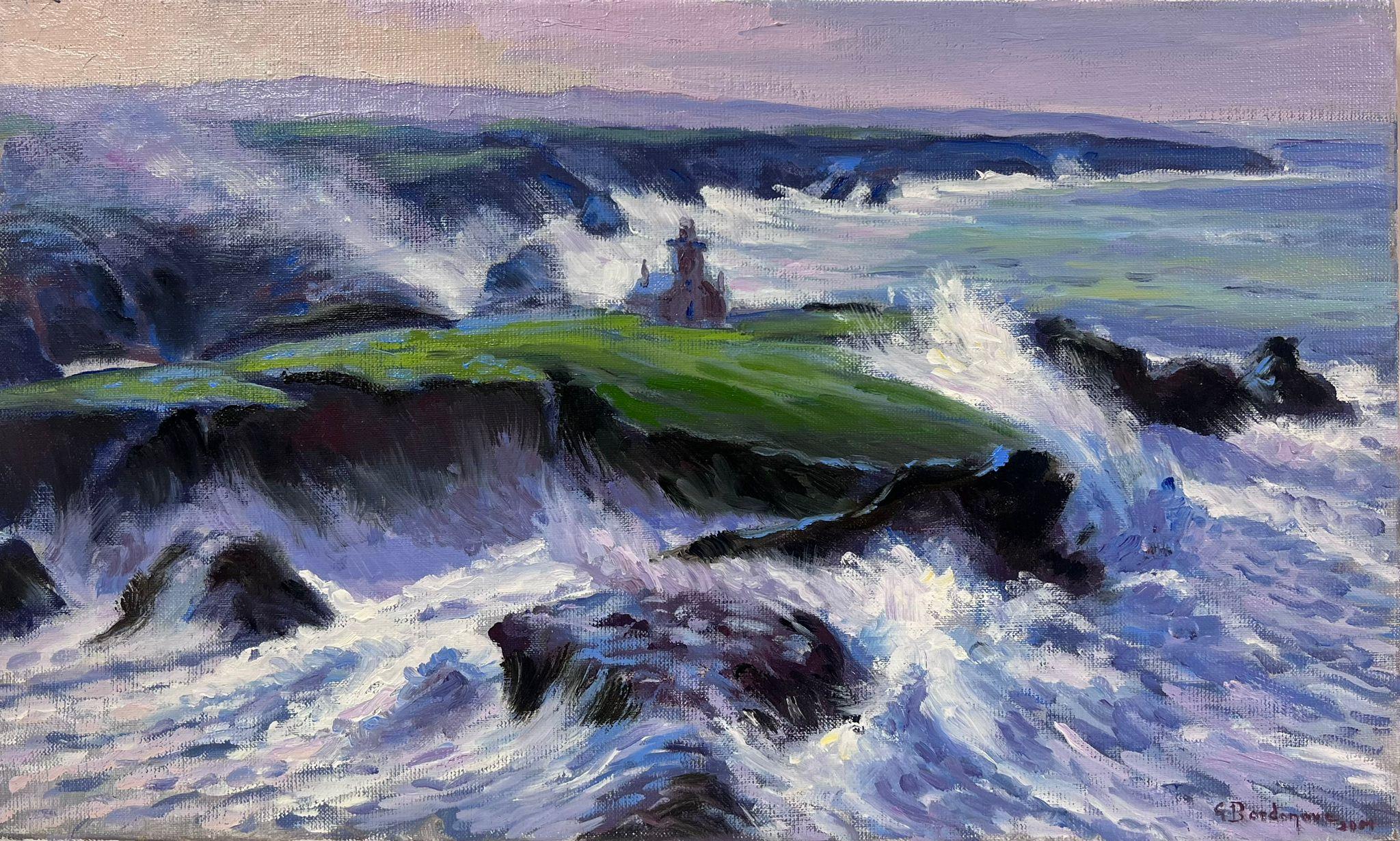Georges Bordonove Landscape Painting - Purple Crashing Waves Against Green Rocks Contemporary French Impressionist Oil 