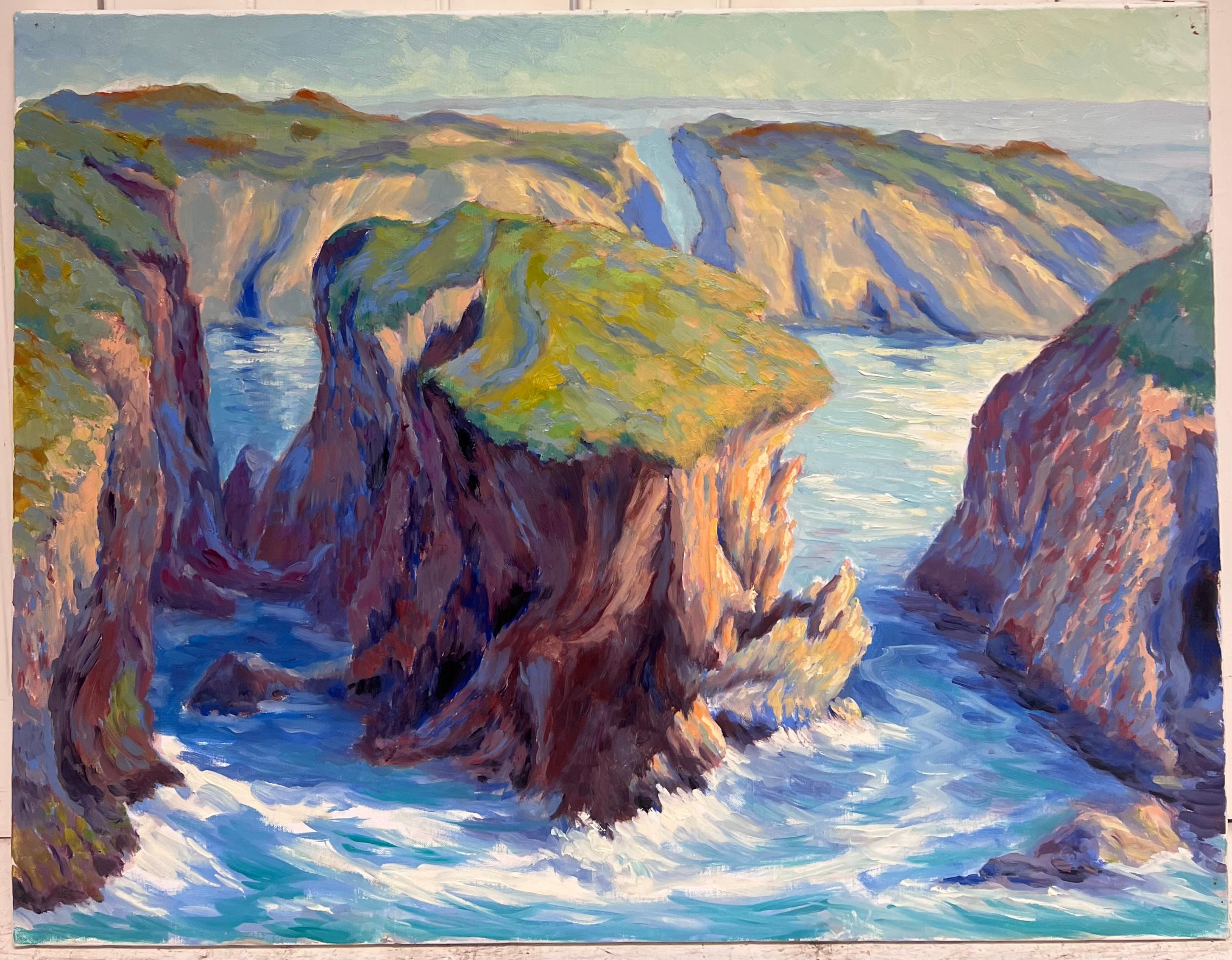 Rugosos acantilados de hierba y vibrantes aguas azules Pintura al óleo impresionista francesa - Painting de Georges Bordonove