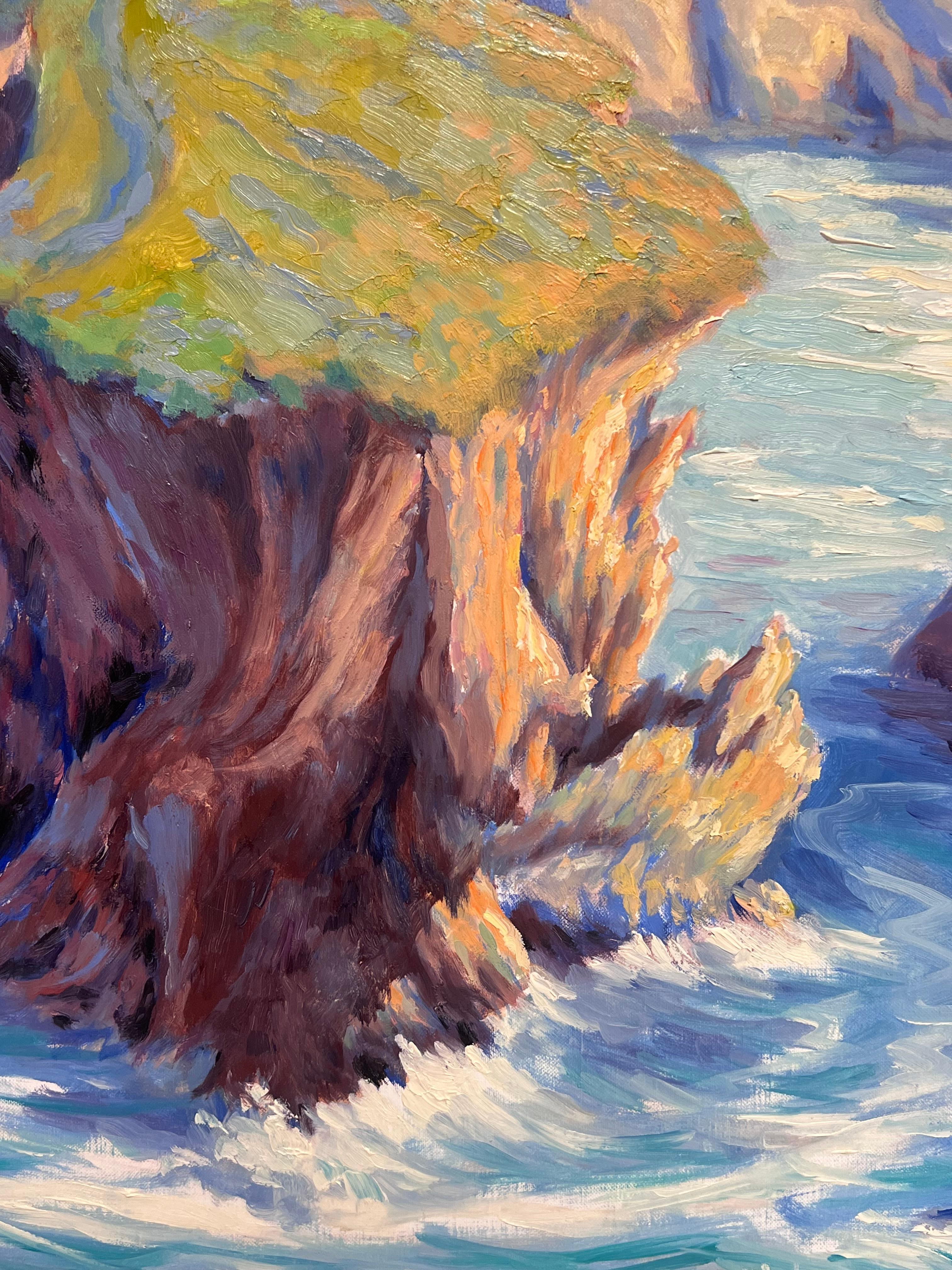 Rugosos acantilados de hierba y vibrantes aguas azules Pintura al óleo impresionista francesa en venta 1
