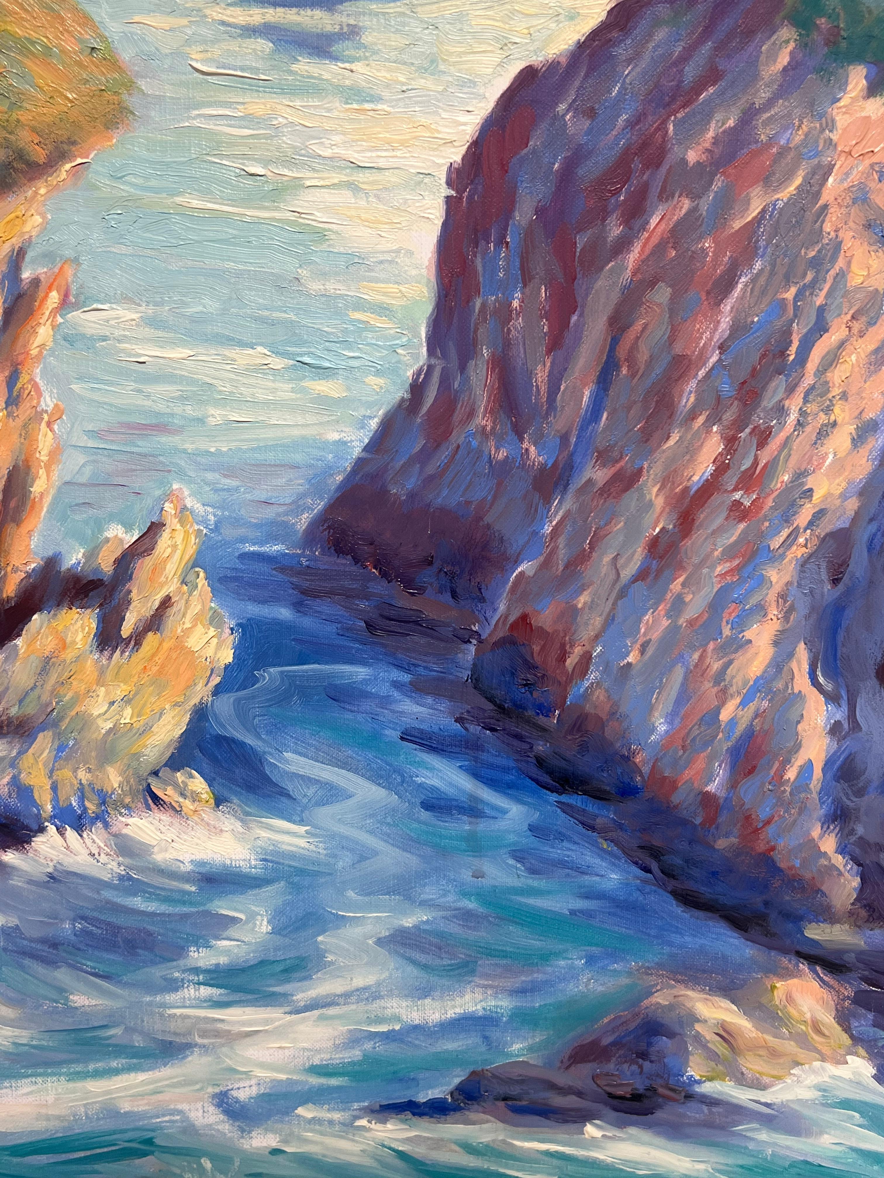 Rugosos acantilados de hierba y vibrantes aguas azules Pintura al óleo impresionista francesa en venta 2
