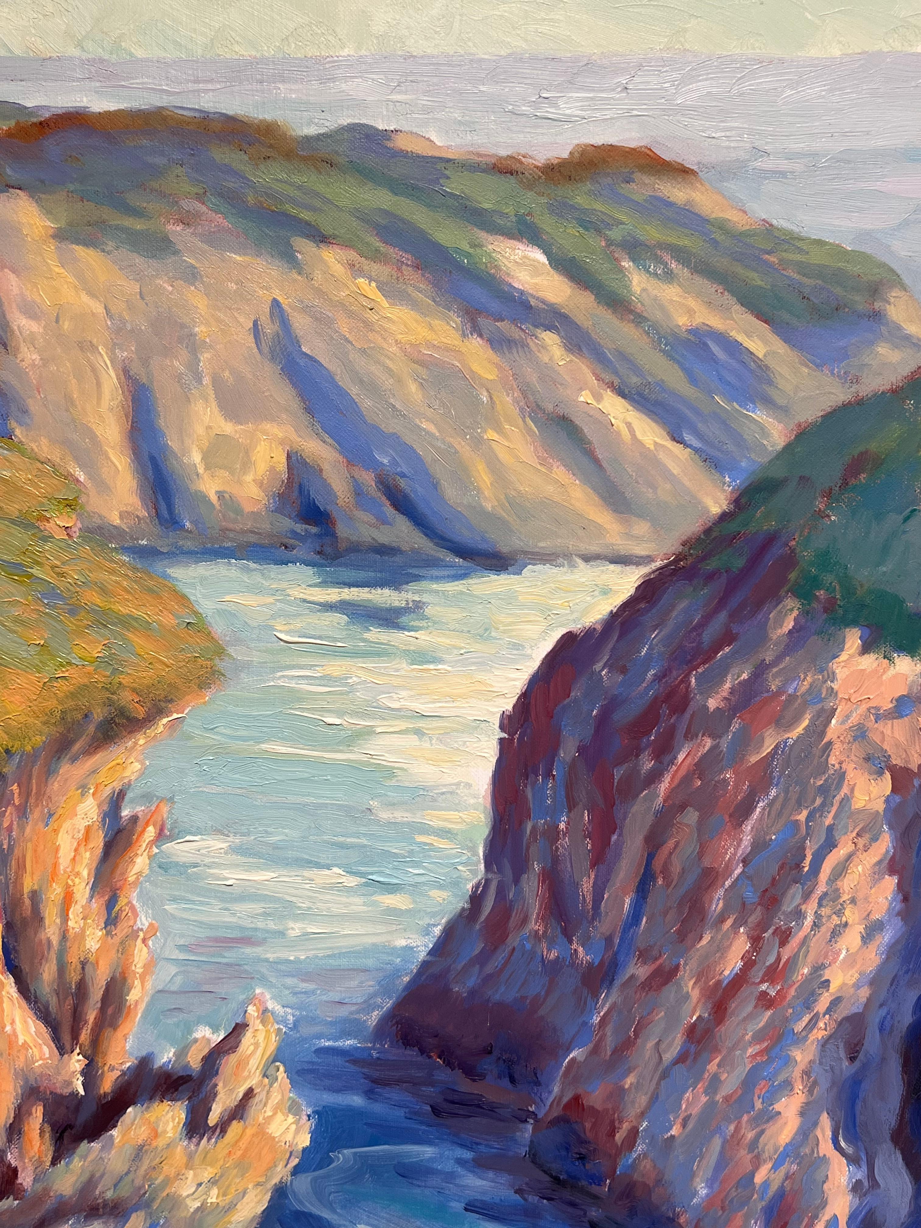 Rugosos acantilados de hierba y vibrantes aguas azules Pintura al óleo impresionista francesa en venta 3
