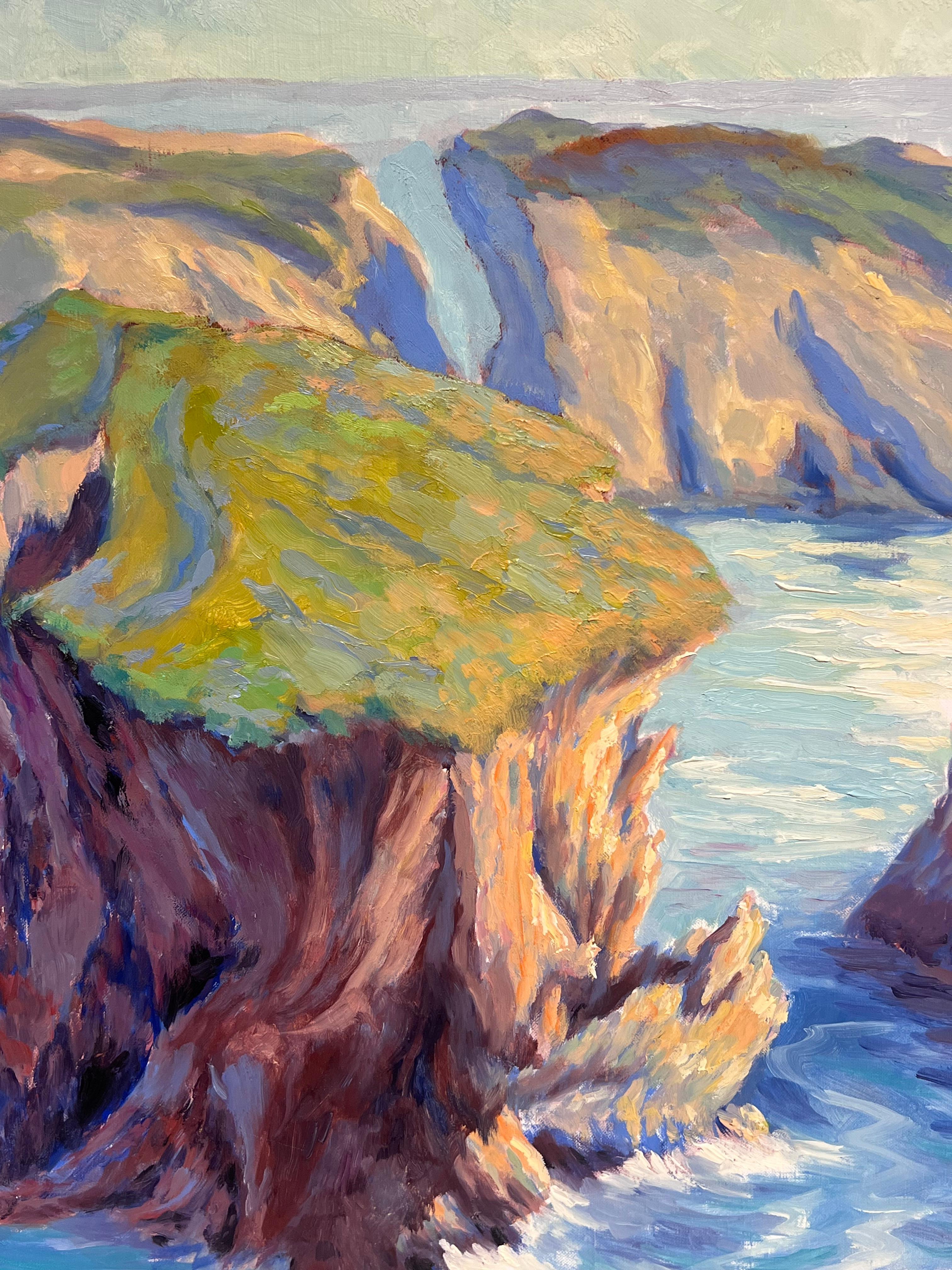 Rugosos acantilados de hierba y vibrantes aguas azules Pintura al óleo impresionista francesa en venta 4