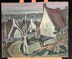 Rustic European Village with Thatched Cottages Landscape Oil Painting