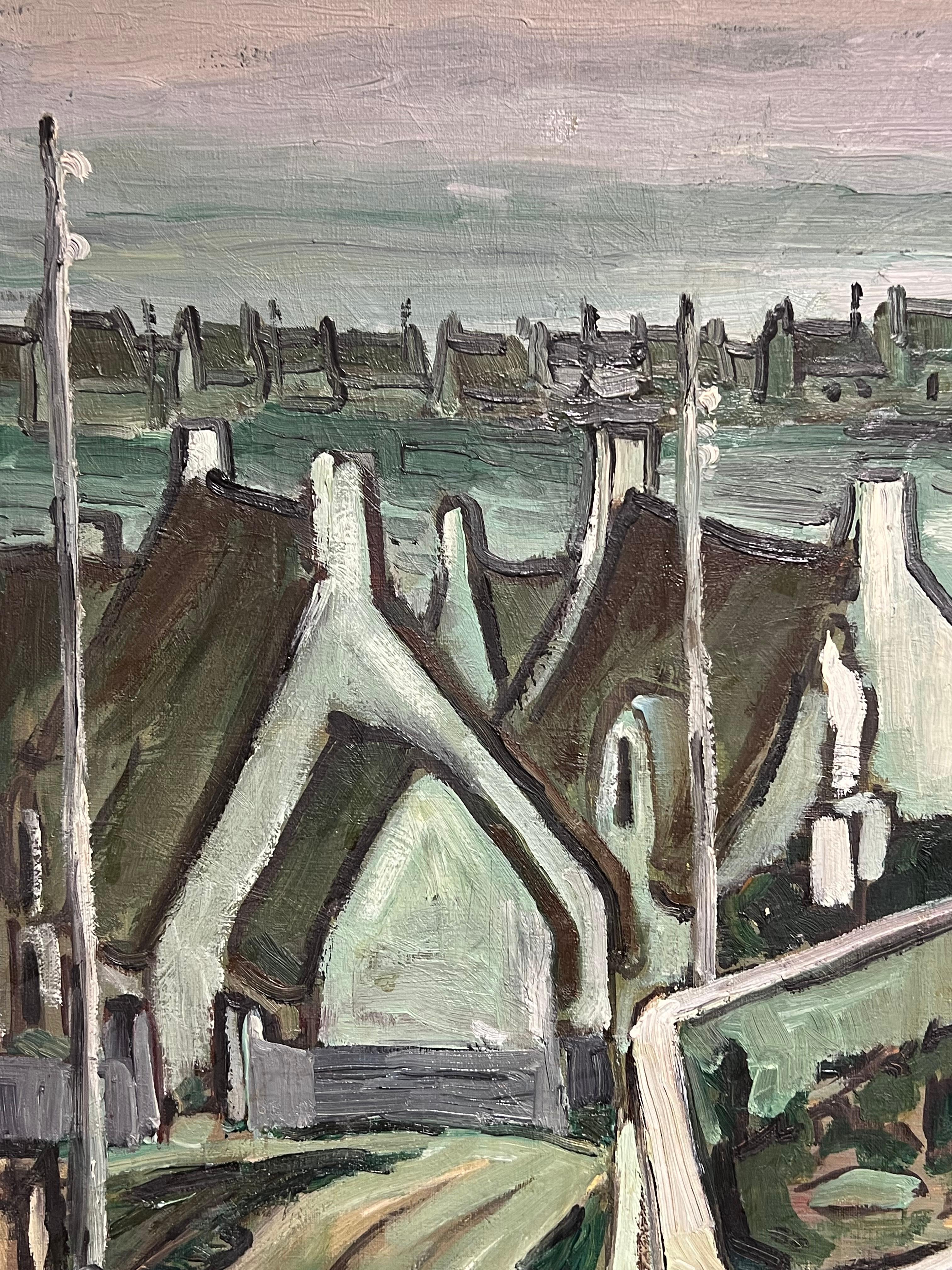 Pintura al Óleo Paisaje rústico de pueblo europeo con casitas de paja - Landscape Painting Gris de Georges Bordonove