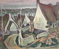Rustic European Village with Thatched Cottages Landscape Oil Painting