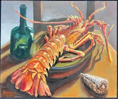 Seafood 1970's French Impressionist Signed Oil Lobster & Sea Shell