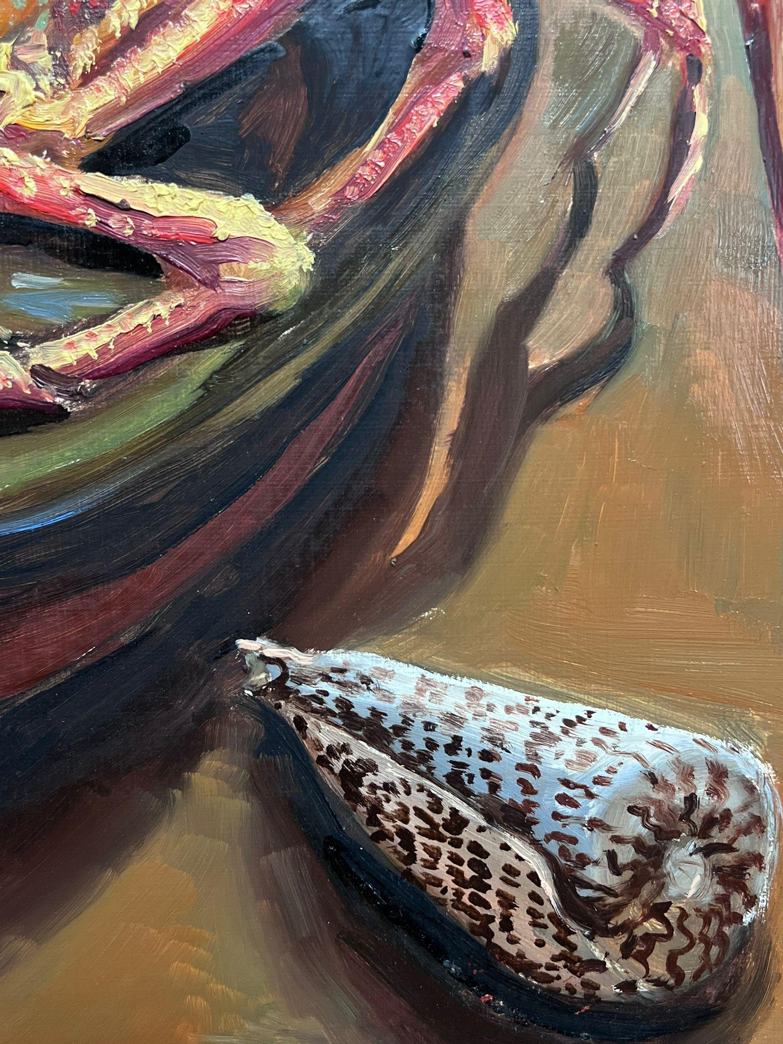 Frutti di mare 1970's French Impressionist Signed Oil Lobster & Sea Shell - Still-Life Painting Marrone di Georges Bordonove