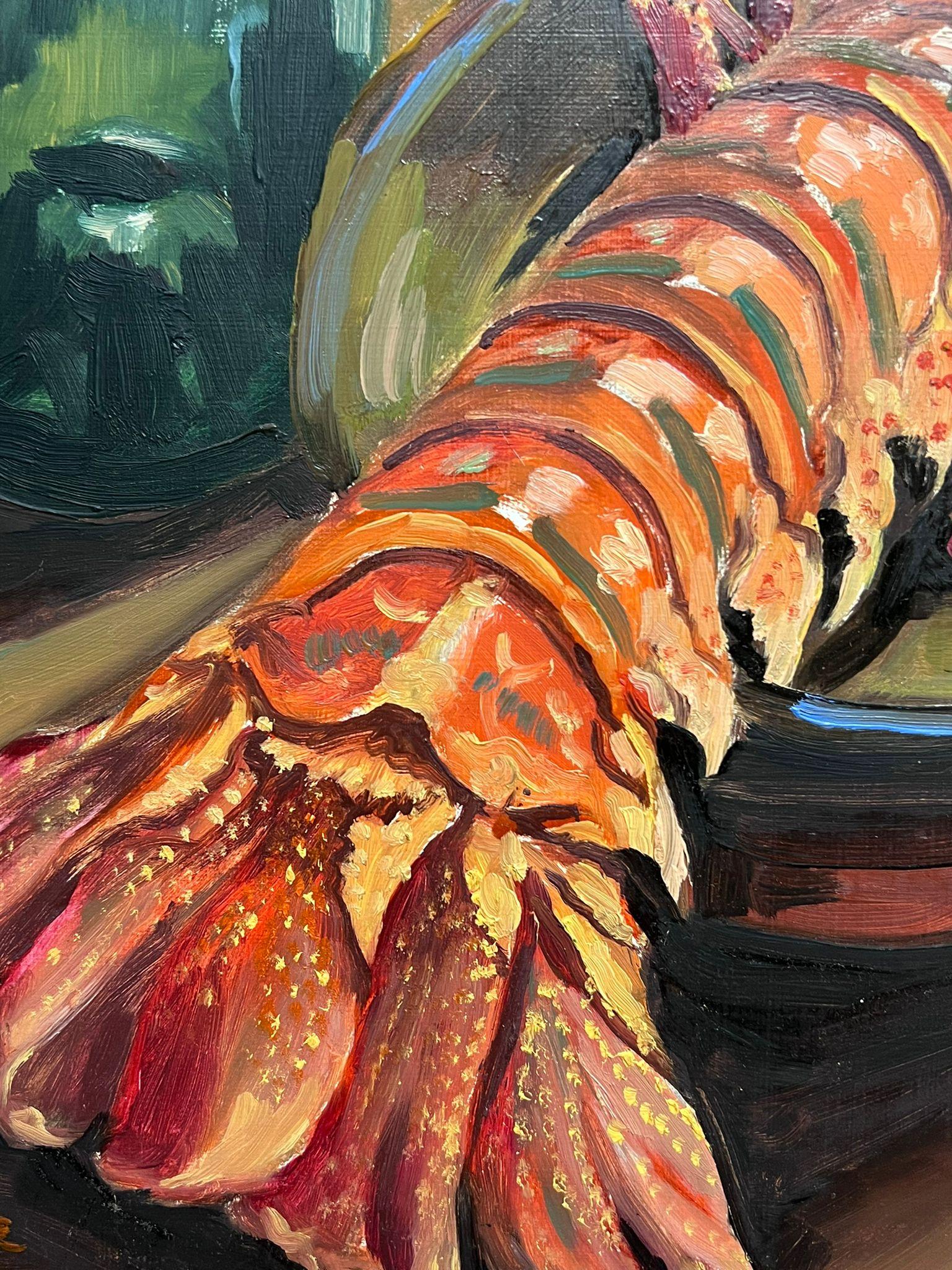 Frutti di mare 1970's French Impressionist Signed Oil Lobster & Sea Shell in vendita 1