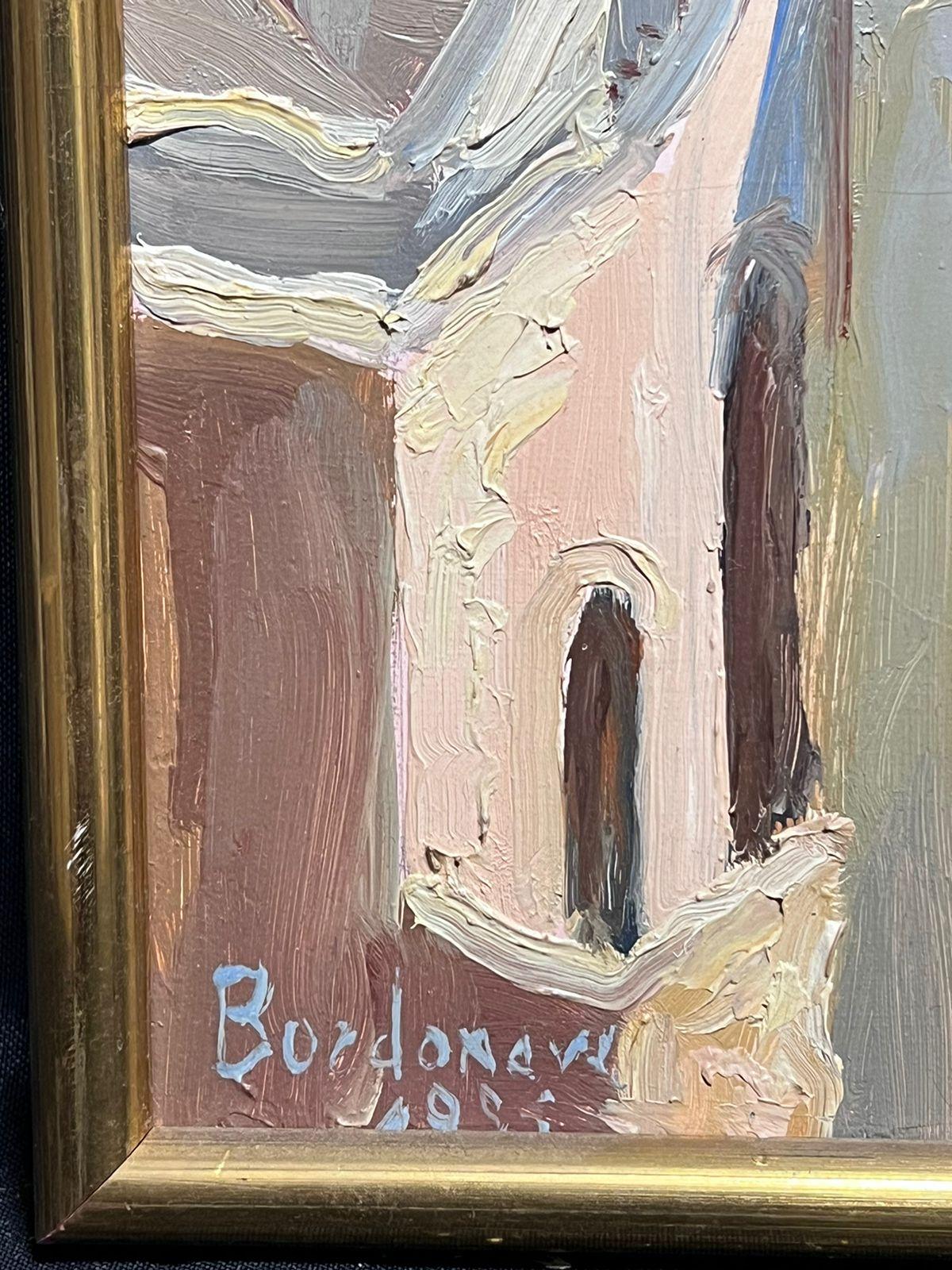 Techos
de Georges Bodonove (francés de finales del siglo XX)
óleo sobre lienzo firmado, enmarcado
¿con fecha de 1988?
enmarcado: 25 x 16 pulgadas
lienzo: 24 x 15 pulgadas
procedencia: colección privada
estado: en buen estado 