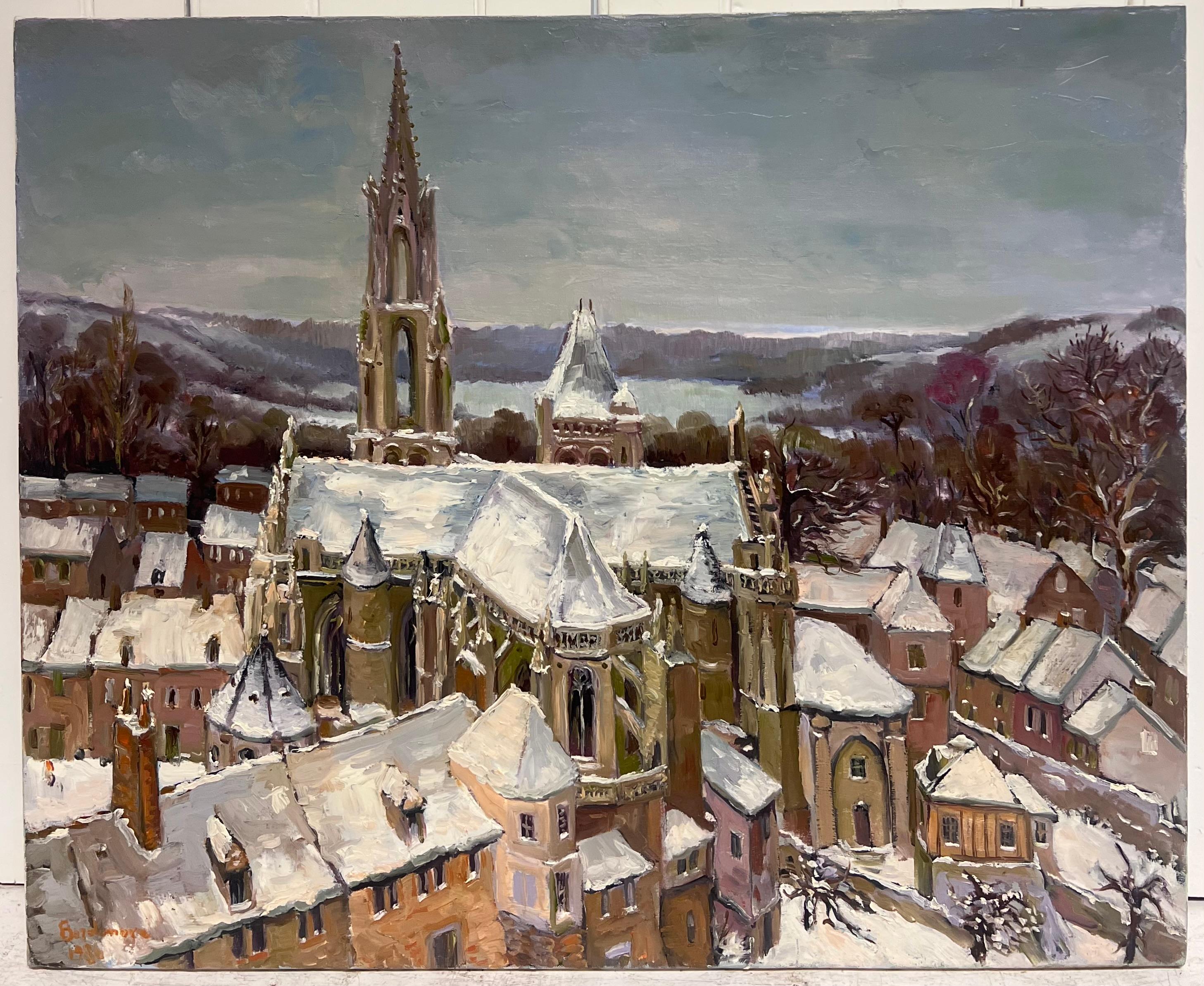 Snow Covered Cathedral In a Tranquil Winter French Landscape Oil Painting - Gray Landscape Painting by Georges Bordonove