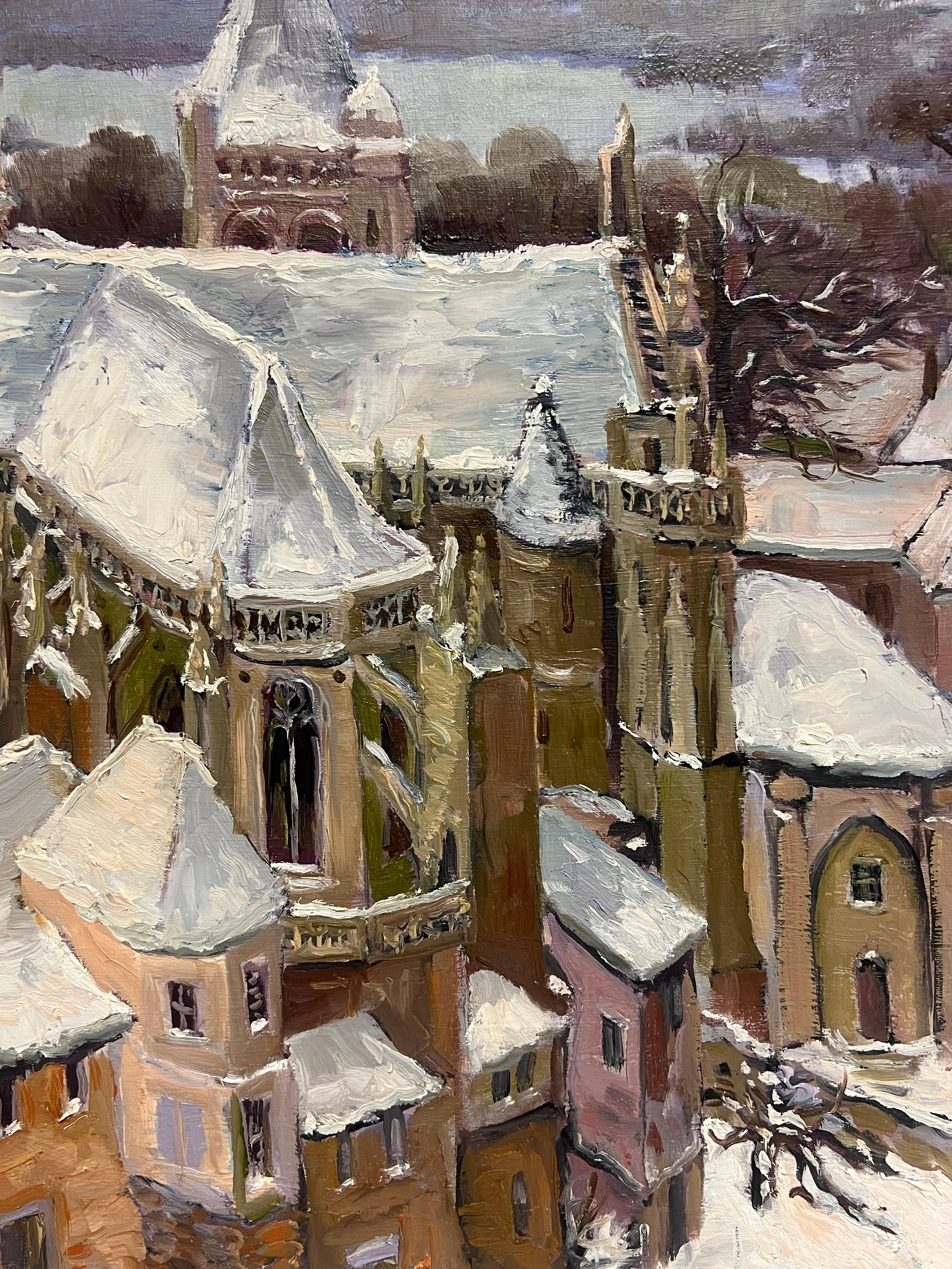 Snow covered Village
signed by Georges Bordonave (French contemporary)
dated 1986
oil painting on canvas, unframed
canvas: 24 x 29 inches
condition: very good
provenance: from a large private collection of this artists work, western Paris, France. 

