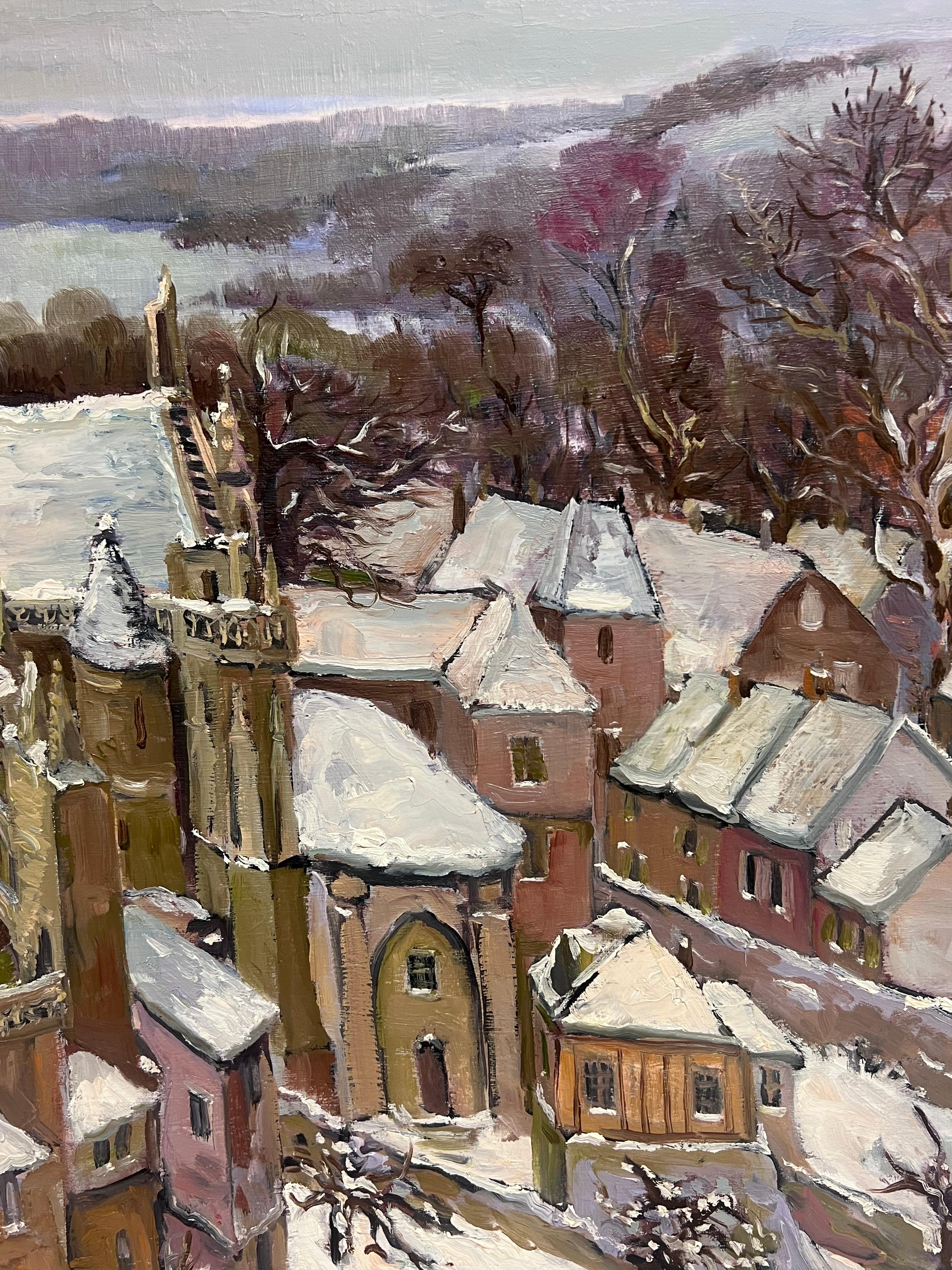 Snow Covered Cathedral In a Tranquil Winter French Landscape Oil Painting For Sale 1