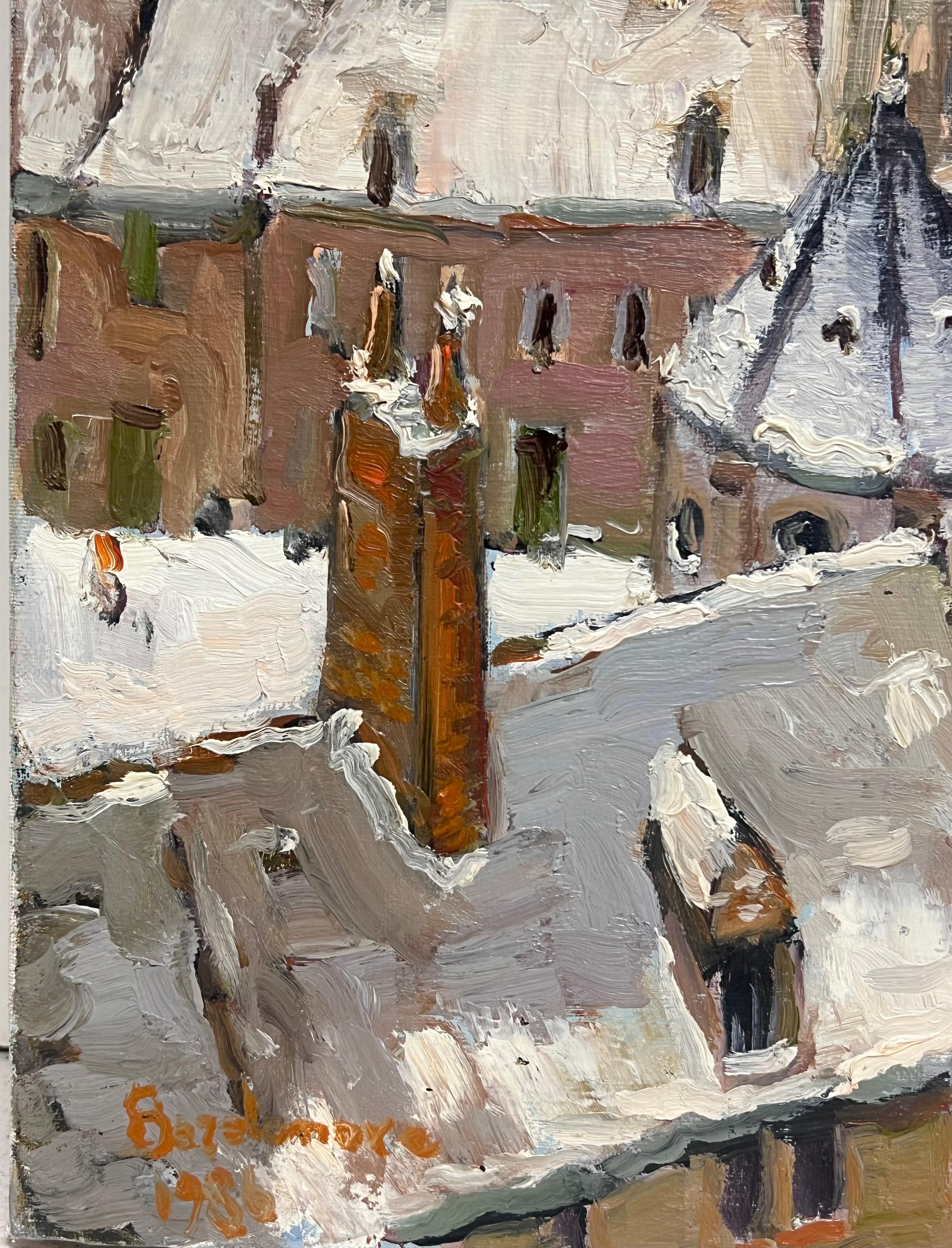 Snow Covered Cathedral In a Tranquil Winter French Landscape Oil Painting For Sale 2