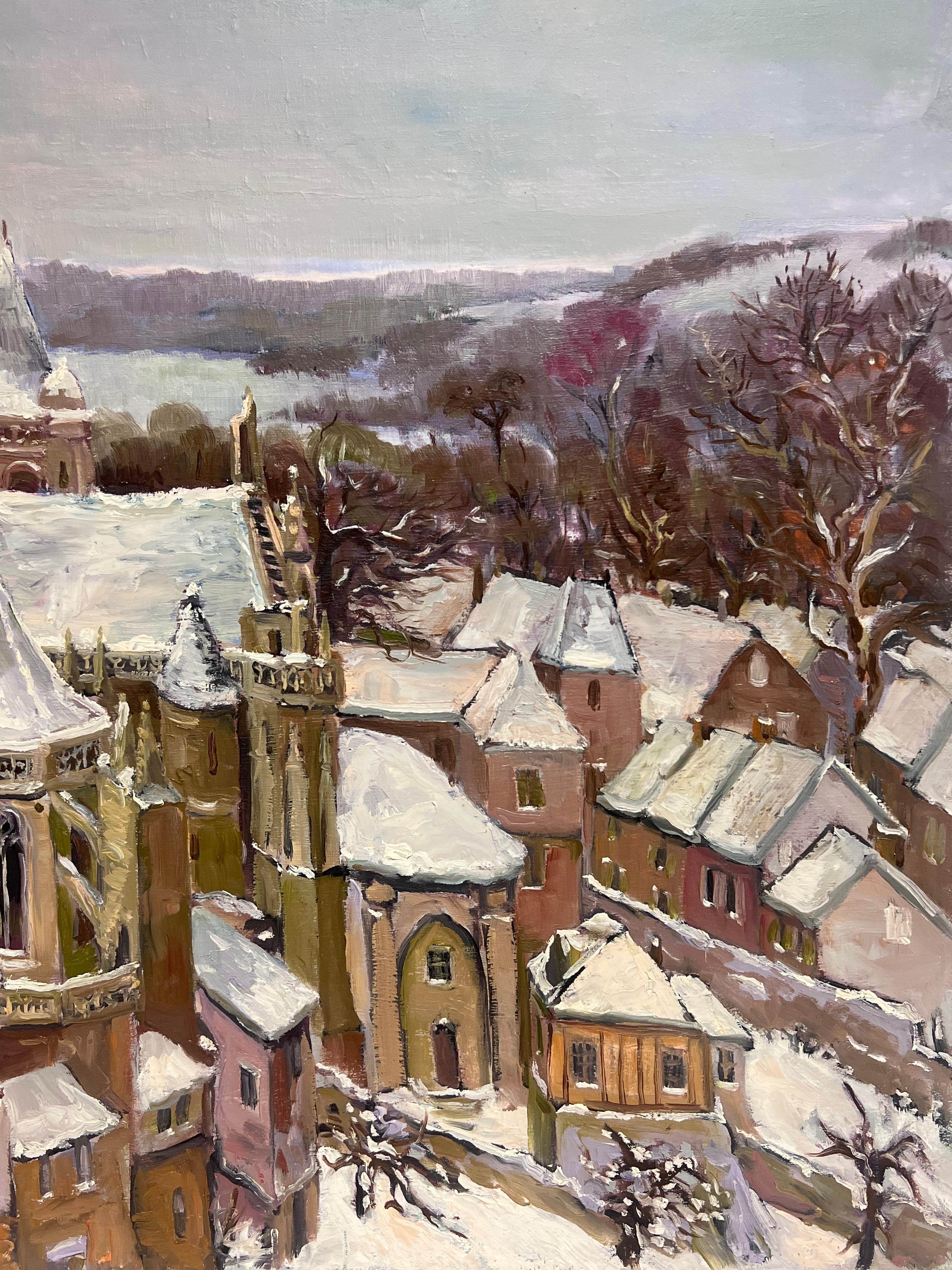 Snow Covered Cathedral In a Tranquil Winter French Landscape Oil Painting For Sale 3